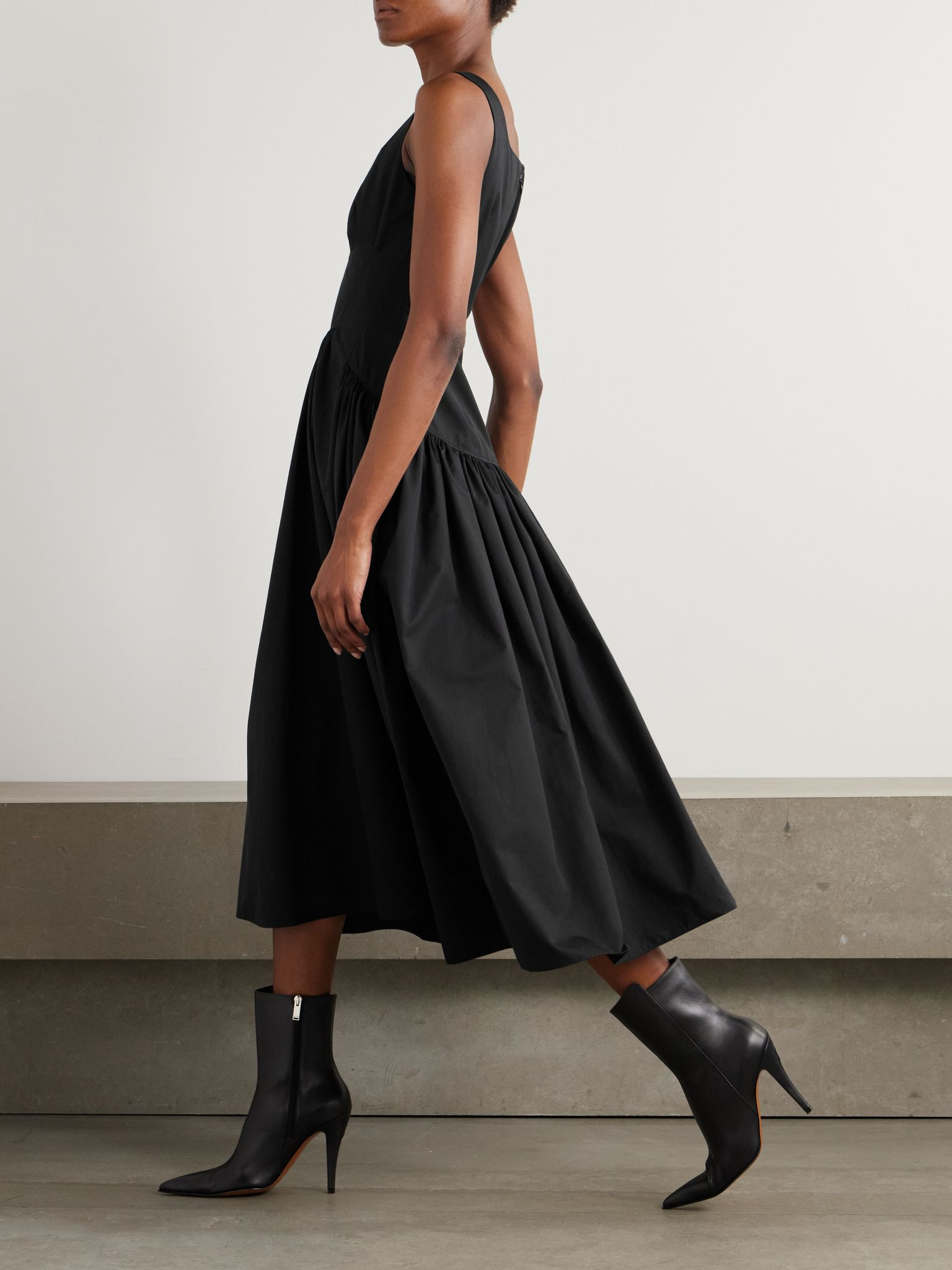 Pleated cotton-poplin midi dress Black - 2