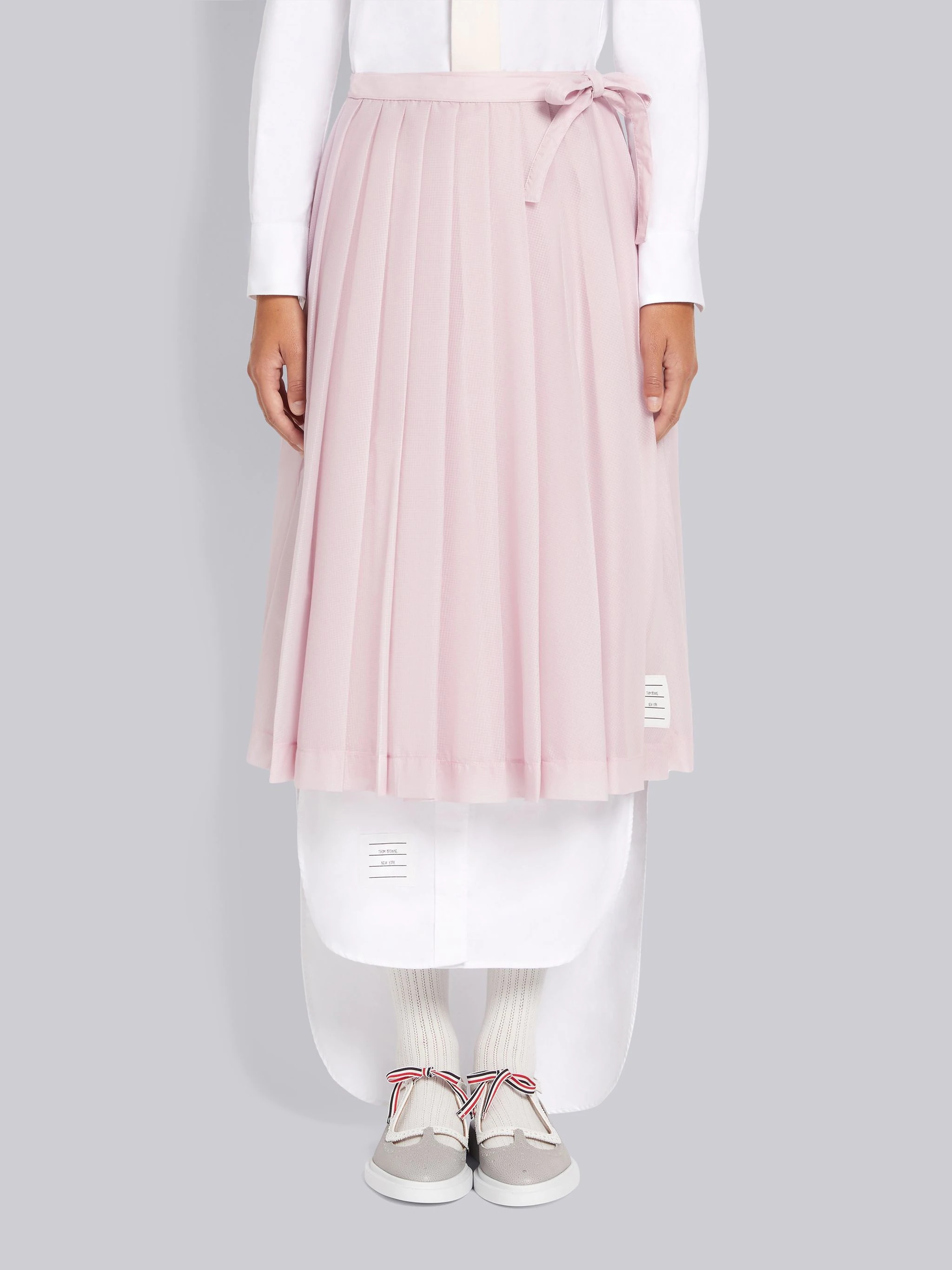 Light Pink Sheer Nylon Ripstop Below The Knee Pleated Wrap Skirt - 1