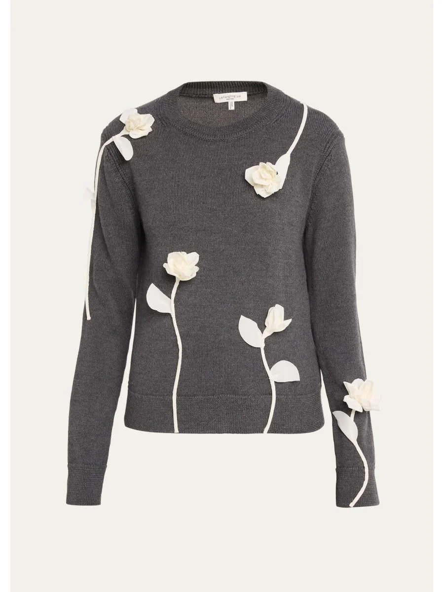 Floral Applique Crewneck Wool Sweater - 1