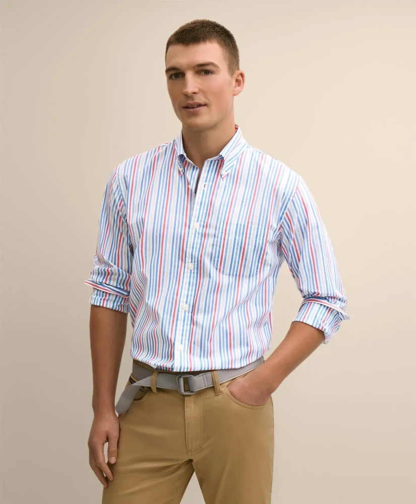 Performance Series Stretch Polo Button-Down Collar, Multi-Stripe Sport Shirt - 1