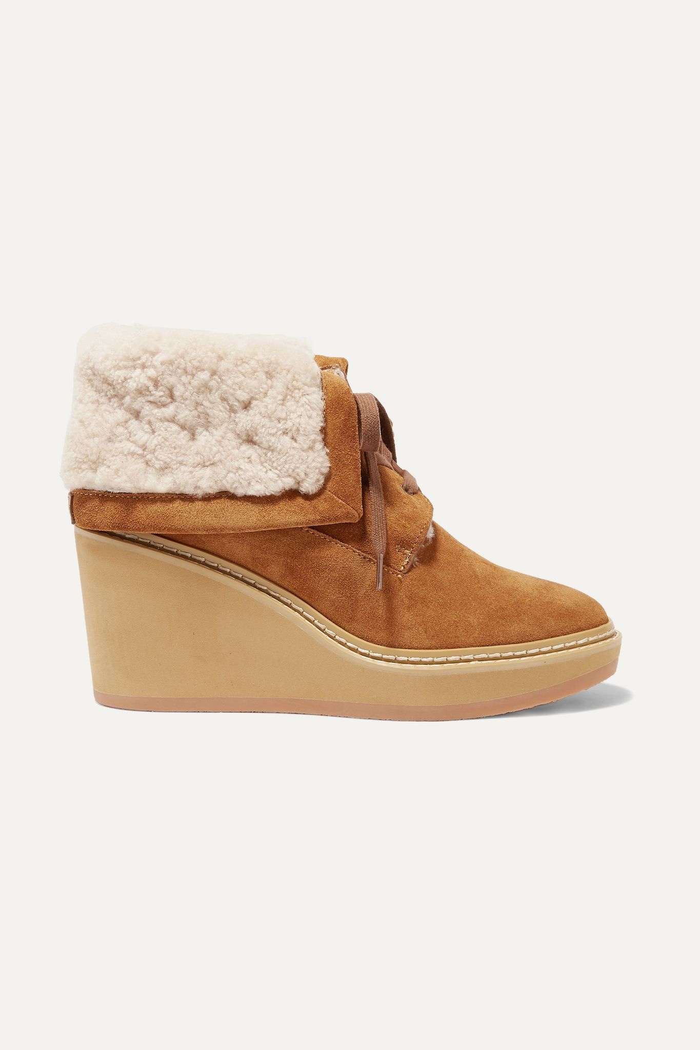 Shearling-trimmed suede wedge ankle boots - 1