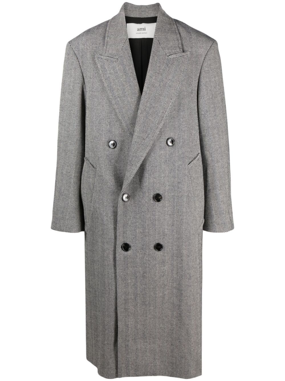 herringbone-pattern double-breasted coat - 1