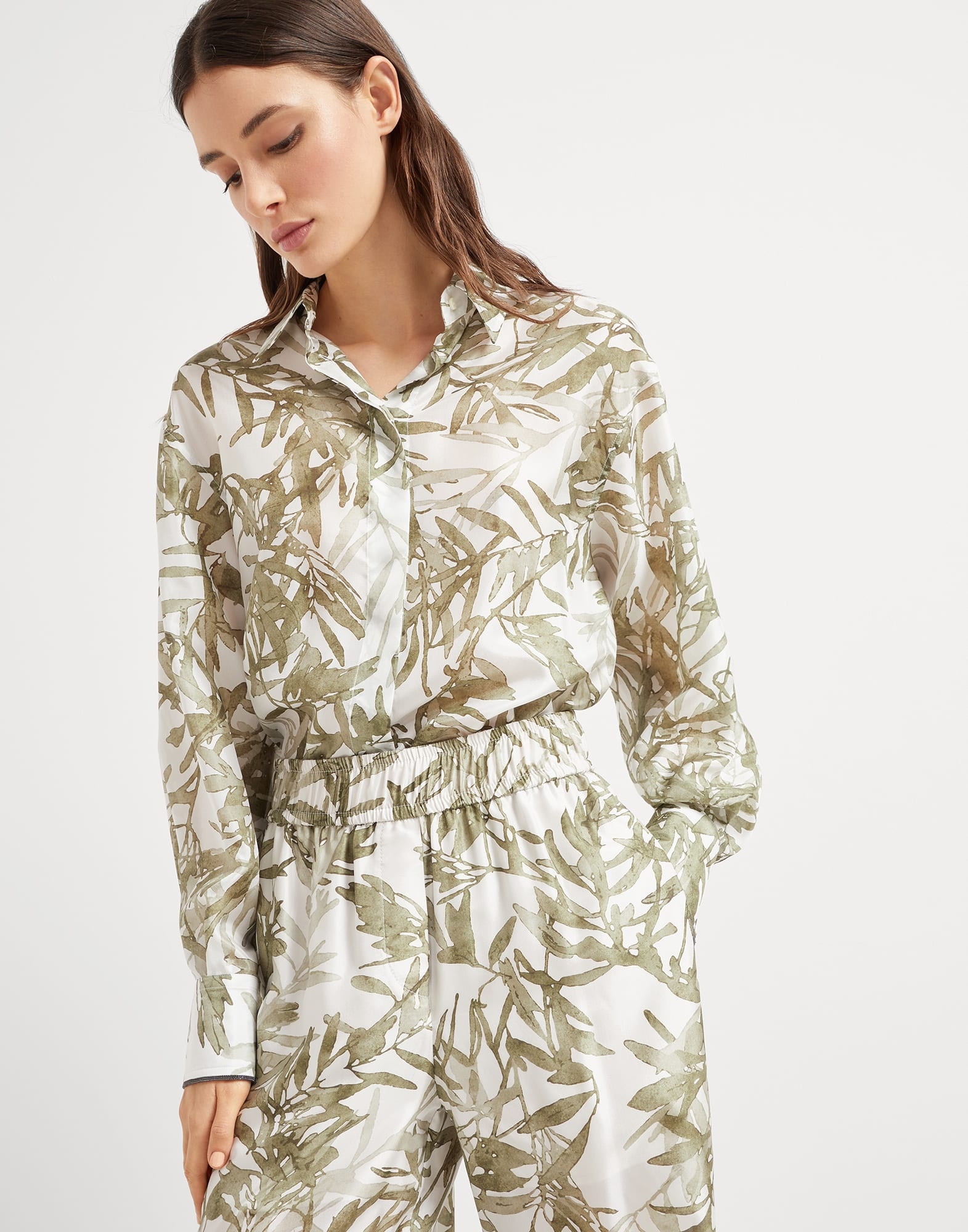 Silk herbarium print pongee pyjama-style loose trousers - 3