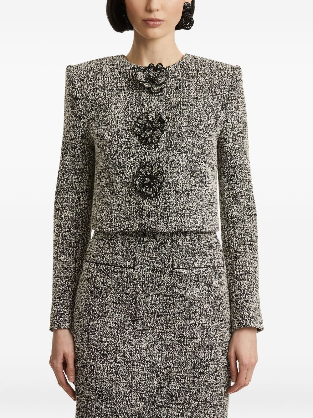 flower-embellished tweed jacket - 3