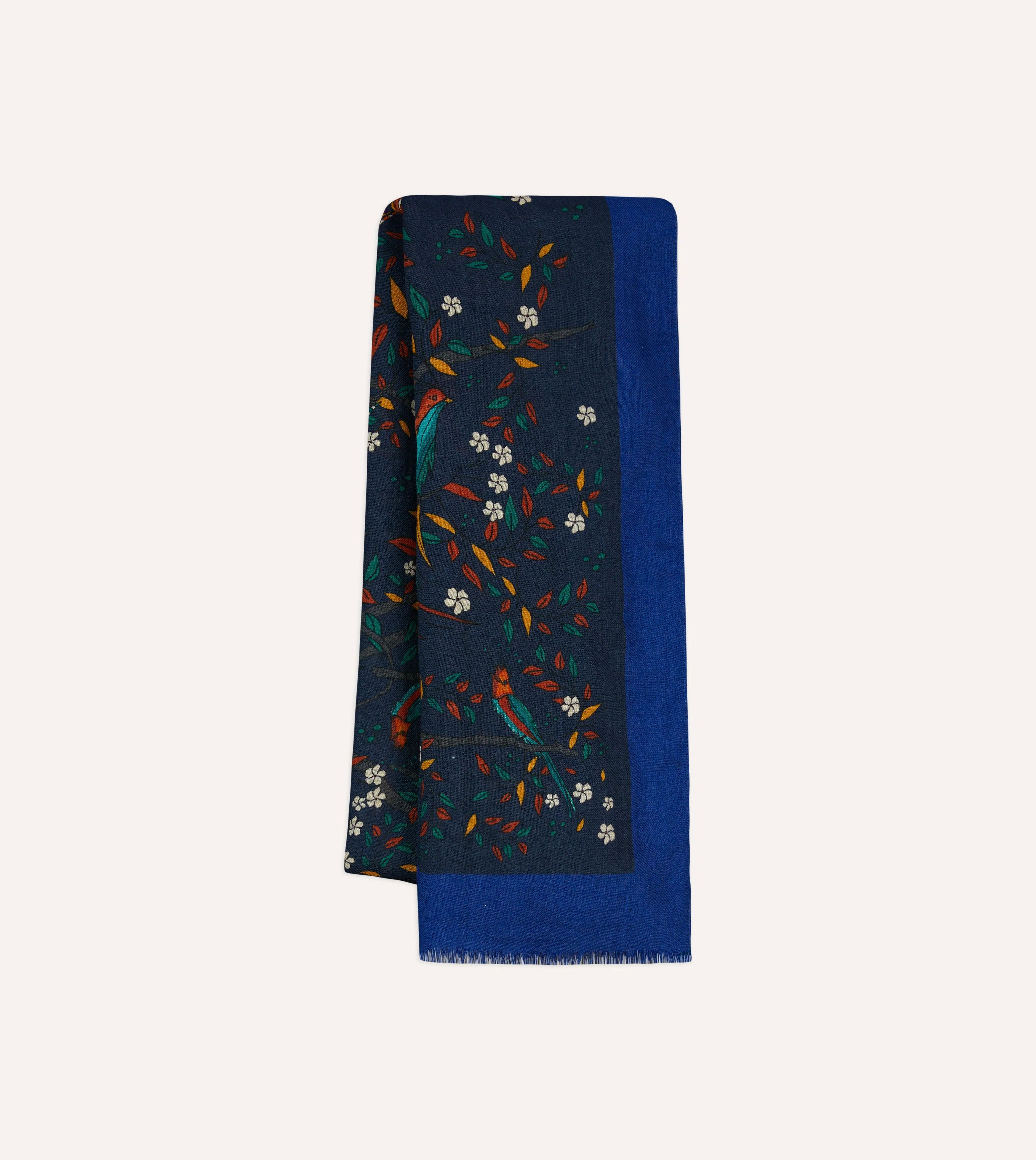 Navy Birds of Paradise Print Wool Scarf - 1