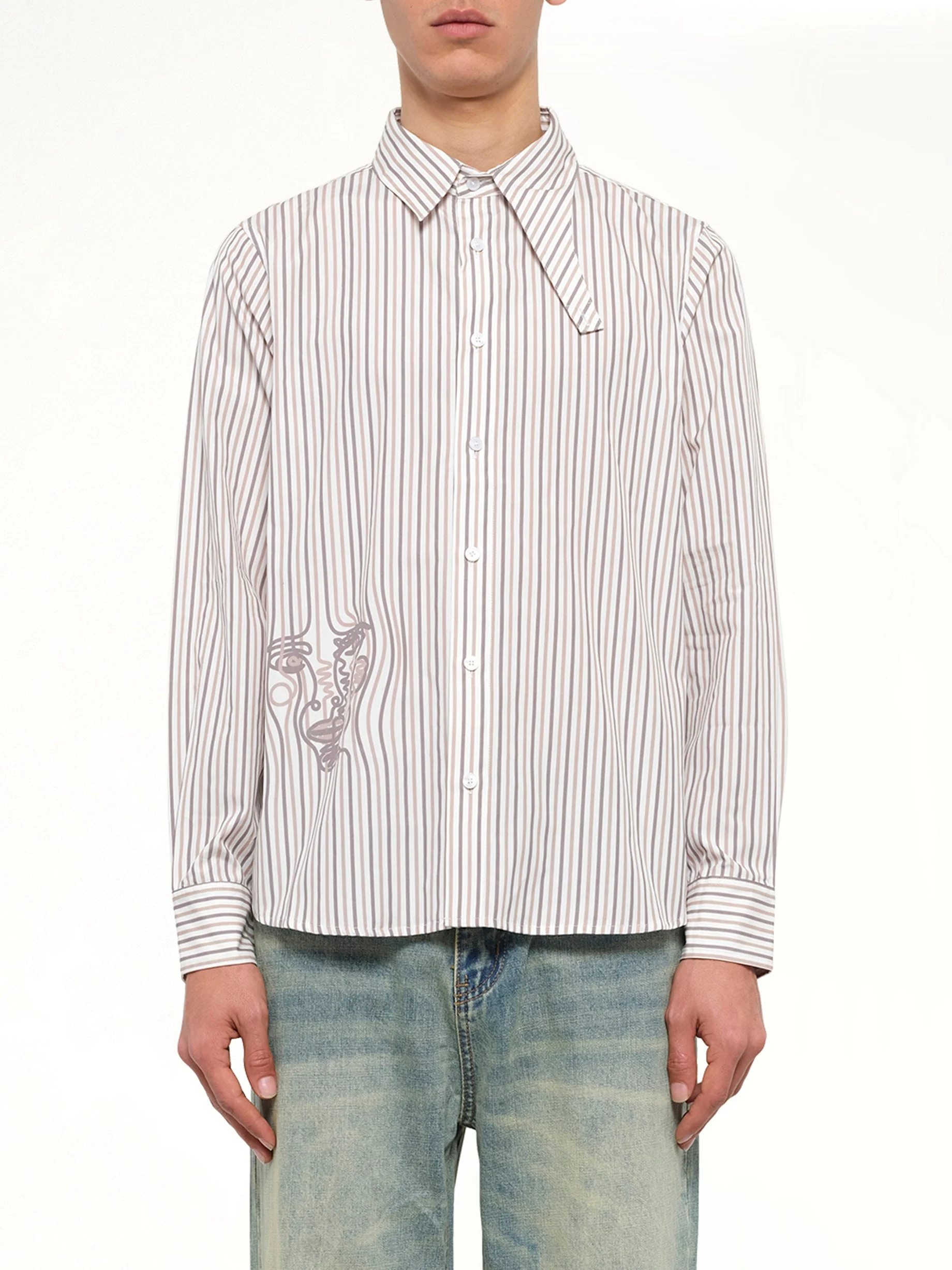 Striped Face Button Up Shirt in White - 1