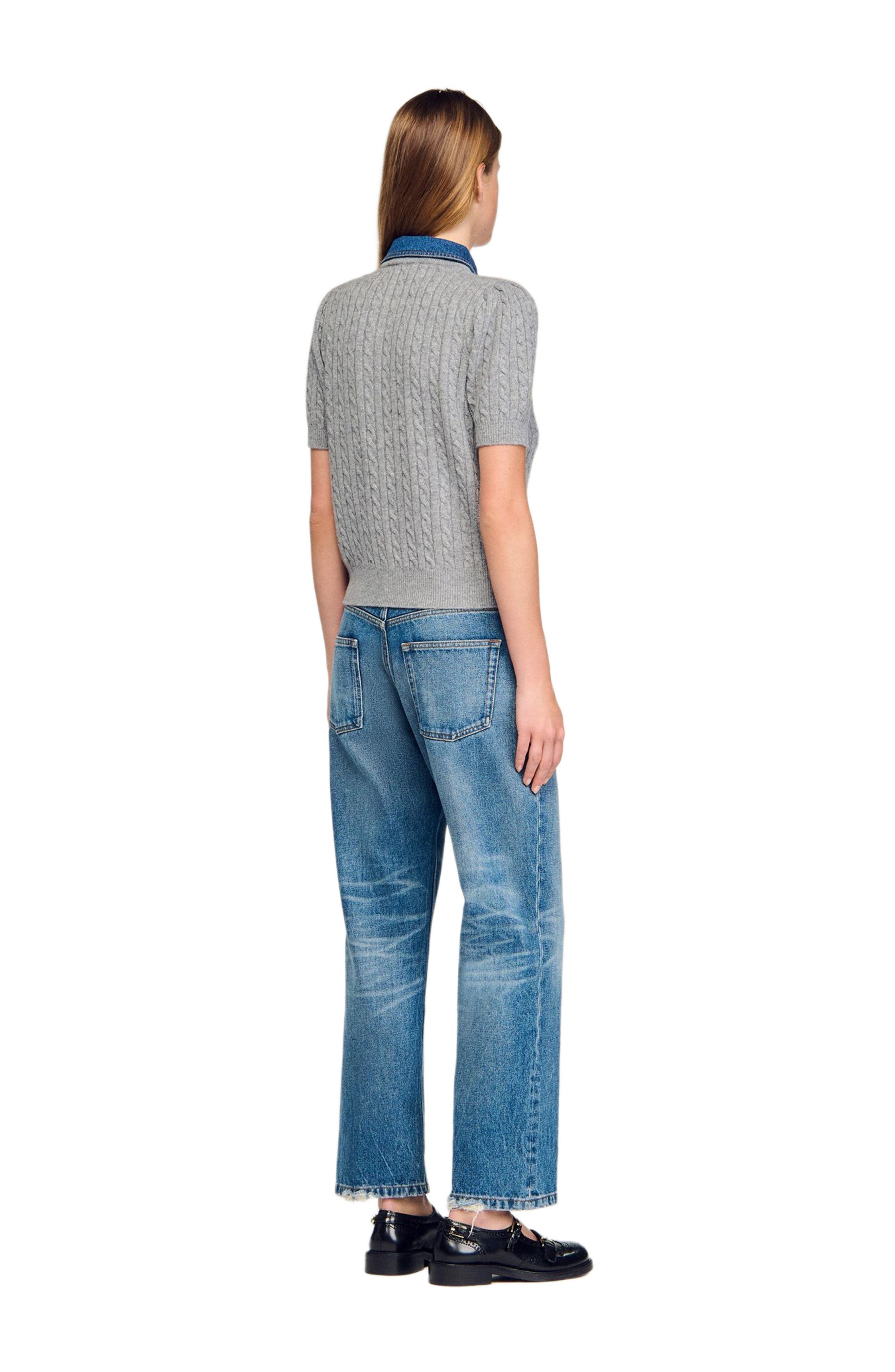 SANDRO Cardigan with denim collar in Grey at Nordstrom - 3