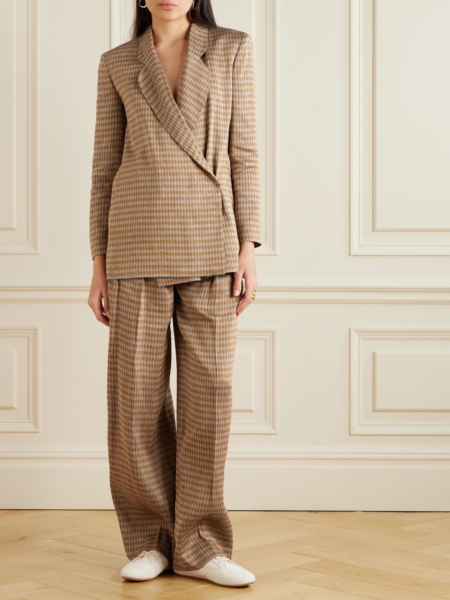 Sherry pleated checked linen-blend wide-leg pants Brown - 2