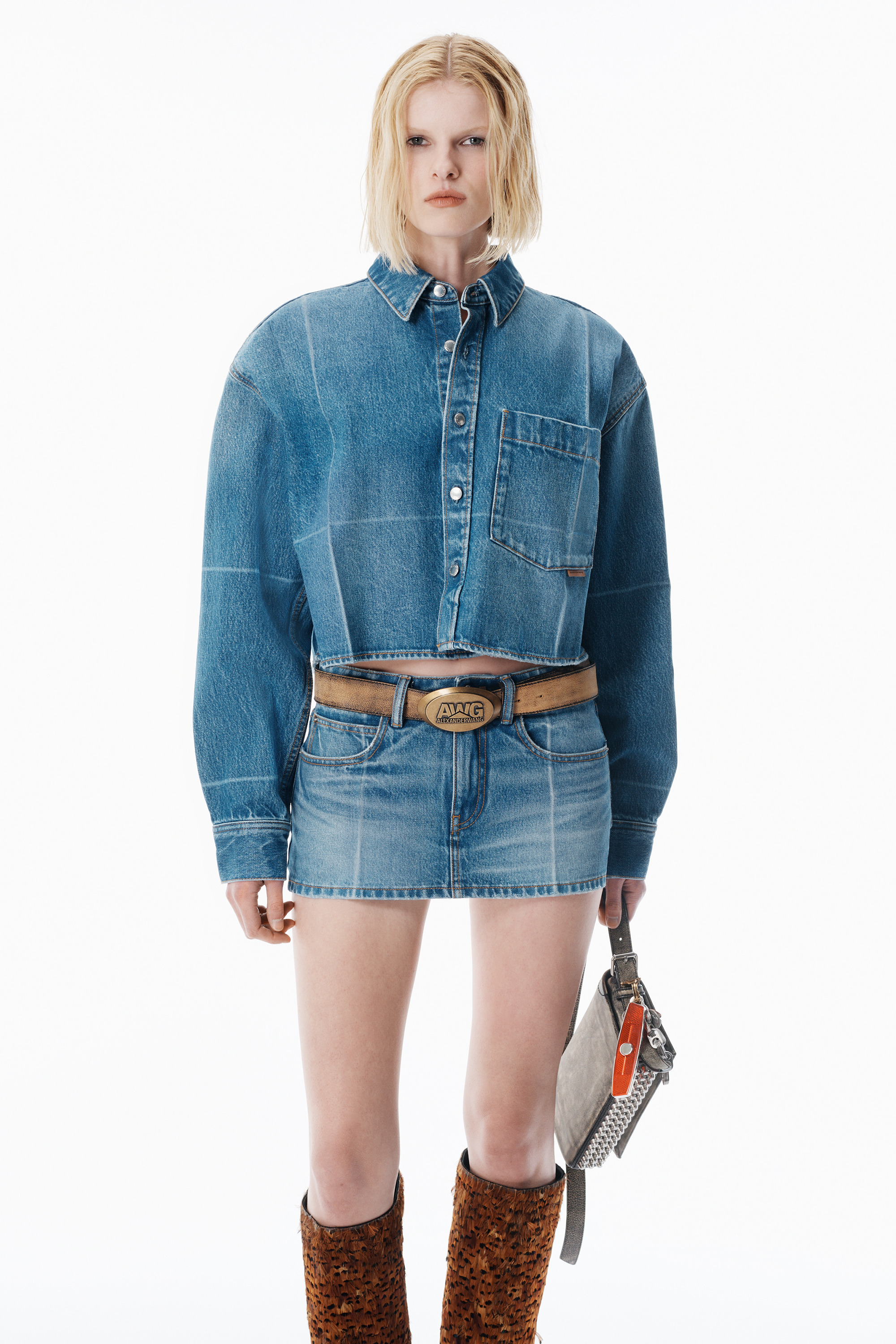 Vintage-Effect Marbled Blue Denim Cropped Shirt - 3