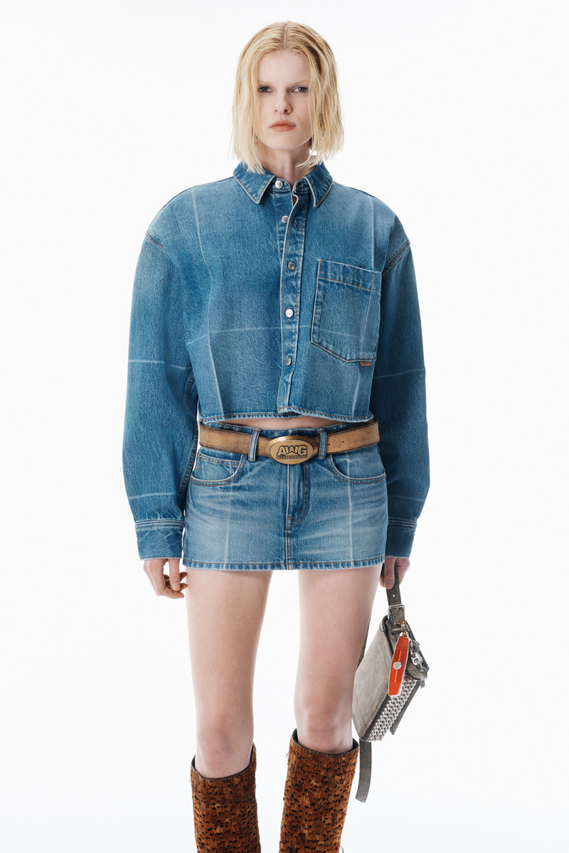 Vintage-Effect Marbled Blue Denim Cropped Shirt 3