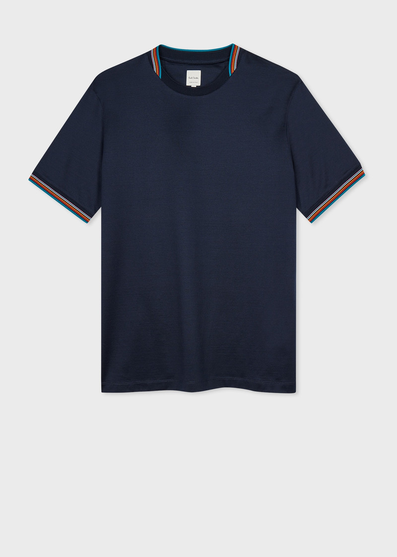 Navy Mercerised Cotton 'Signature Stripe' Trim T-Shirt - 1