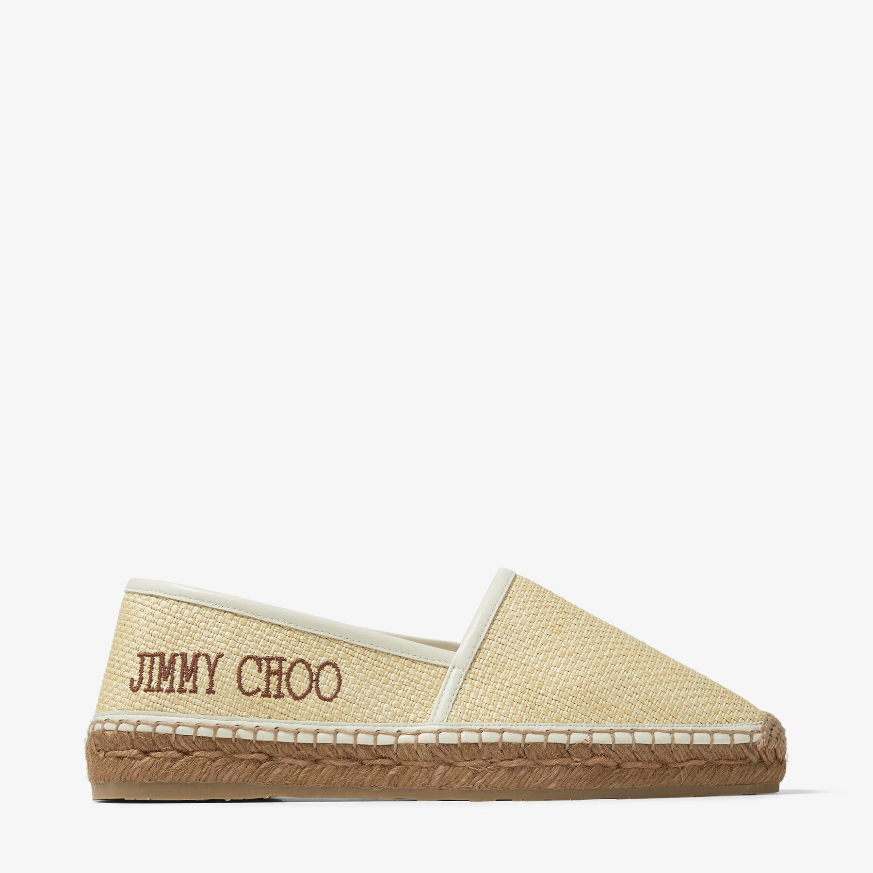Dru Flat
Natural Raffia and Dark Tan Leather Espadrilles with Dark Tan Jimmy Choo Lettering - 1