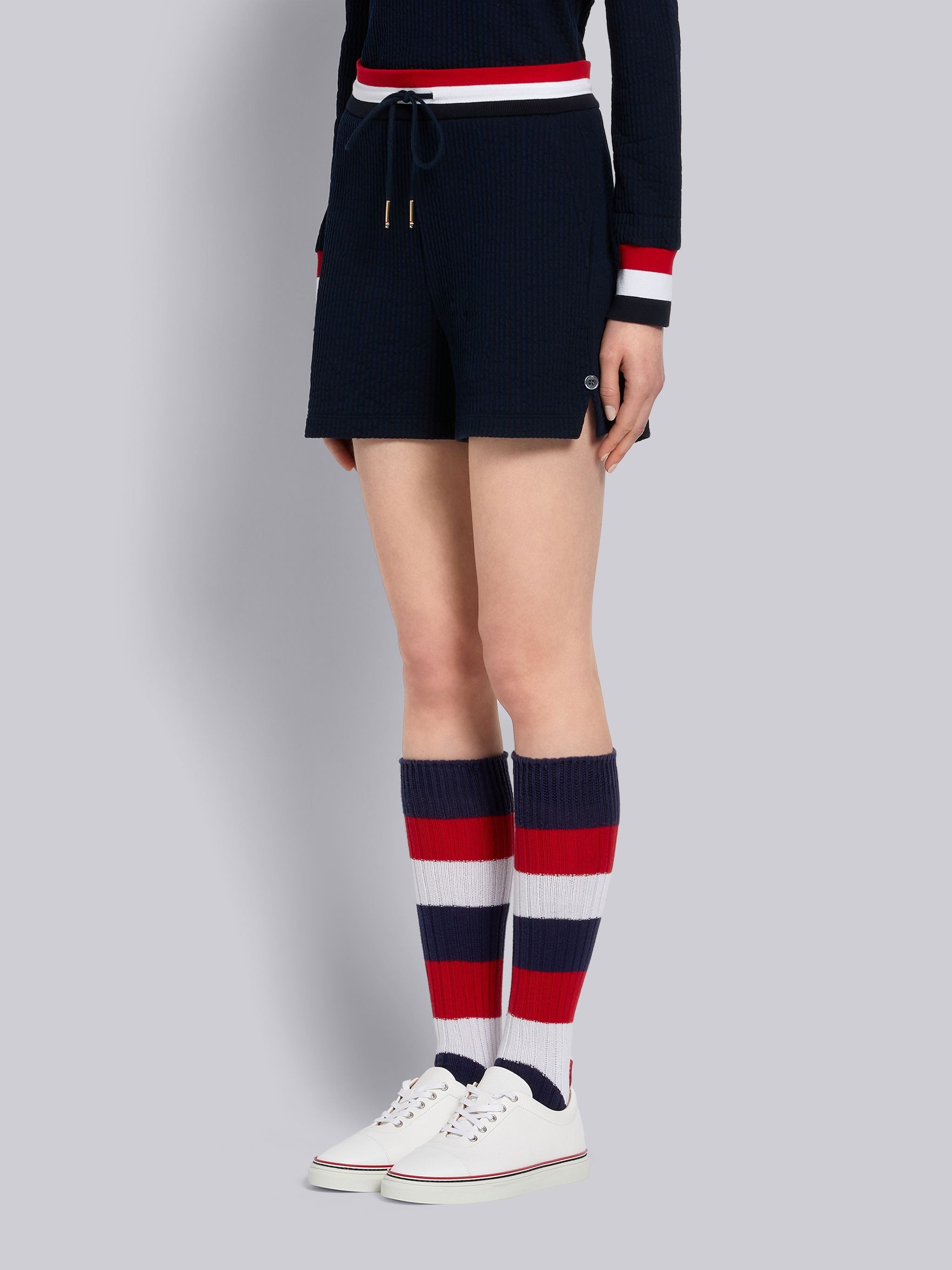 Navy Cotton Seersucker Tricolor Striped Waistband Shorts - 2