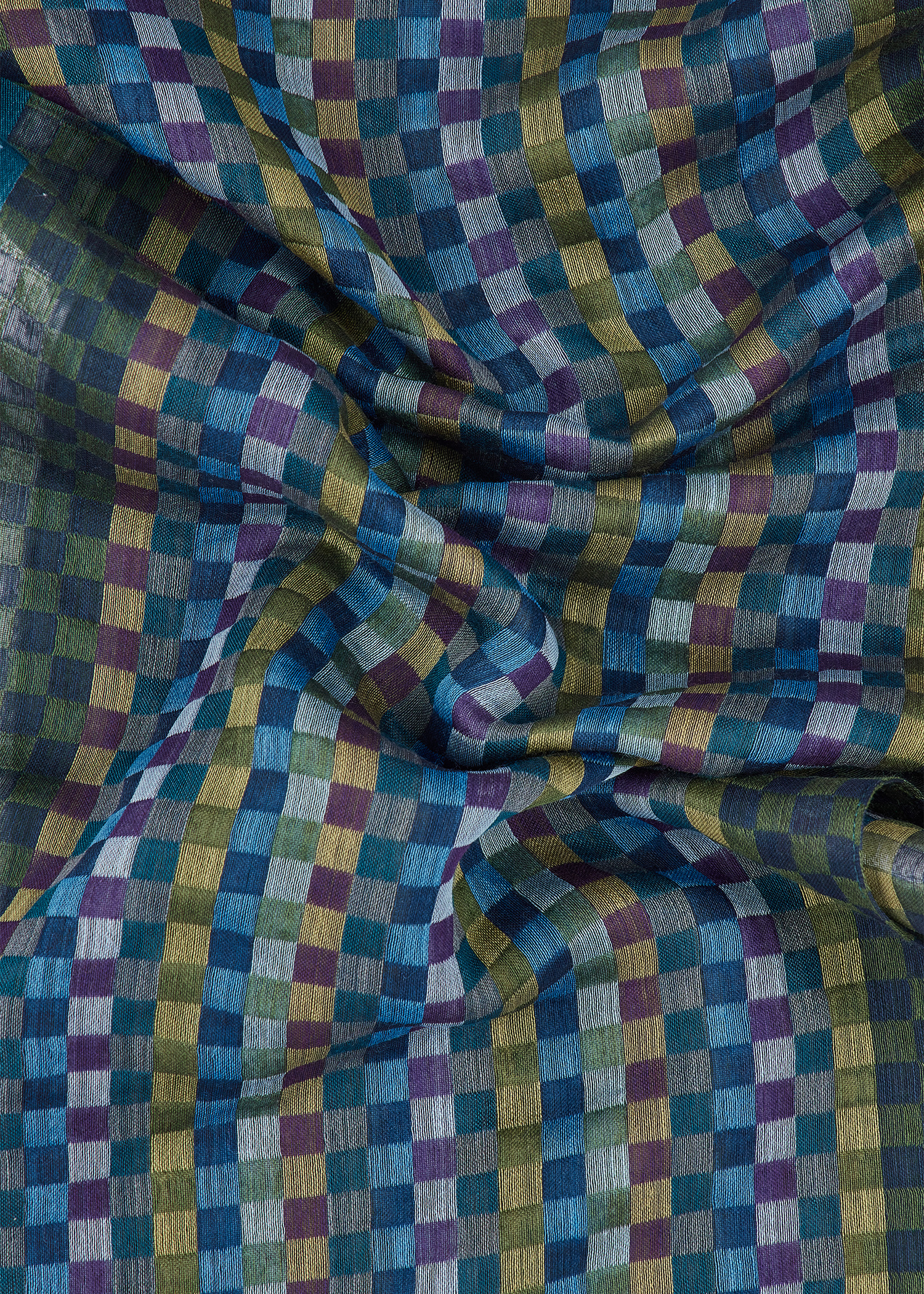 Teal Blue Check Merino Wool-Silk Blend Scarf - 4
