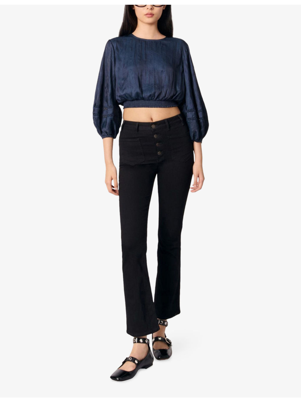 Puff-Sleeve Cropped Satin Blouse - 2