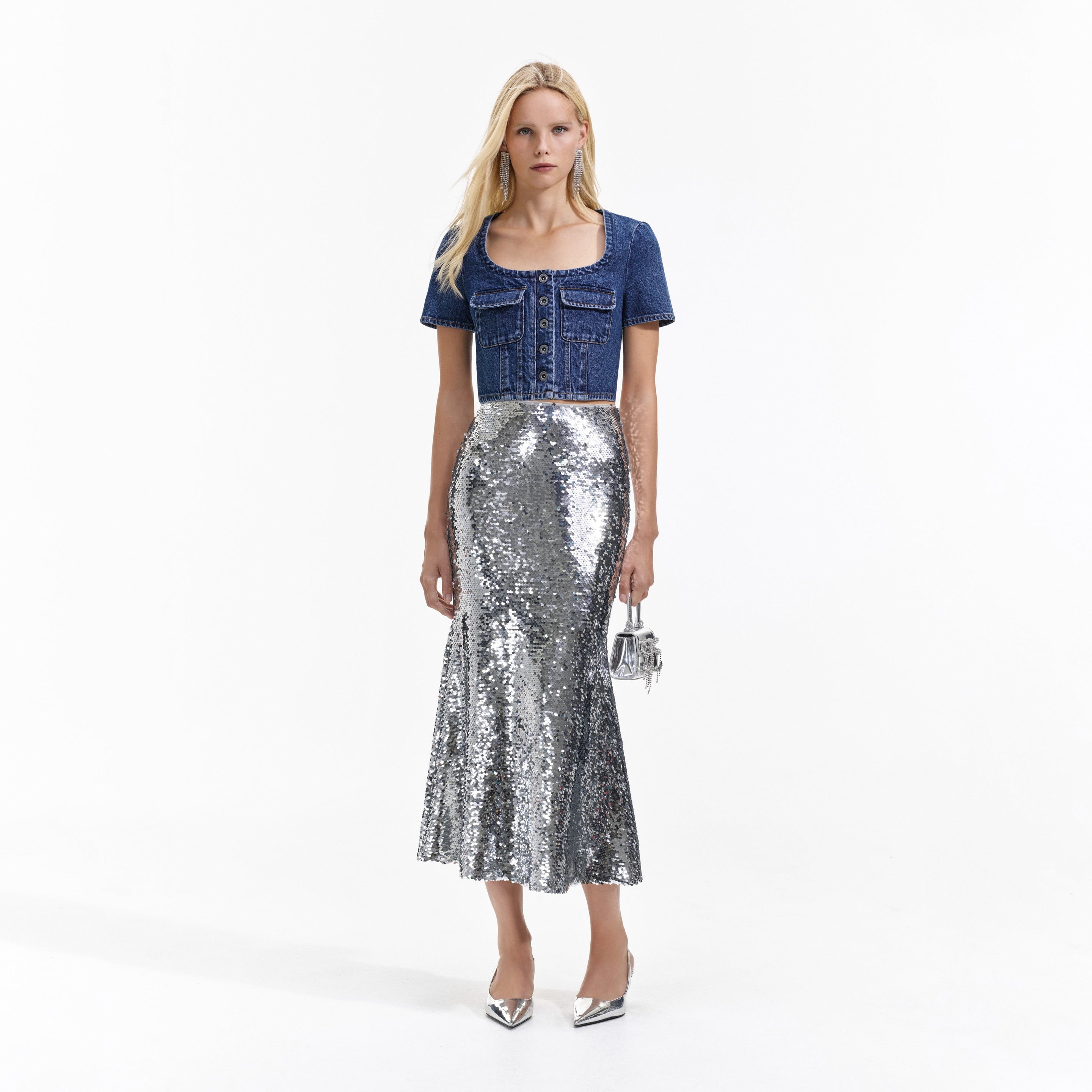 SELF PORTRAIT(セルフ ポートレイト)SILVER SEQUIN MAXI SKIRT self-portrait Silver Sequin Maxi Skirt | REVERSIBLE