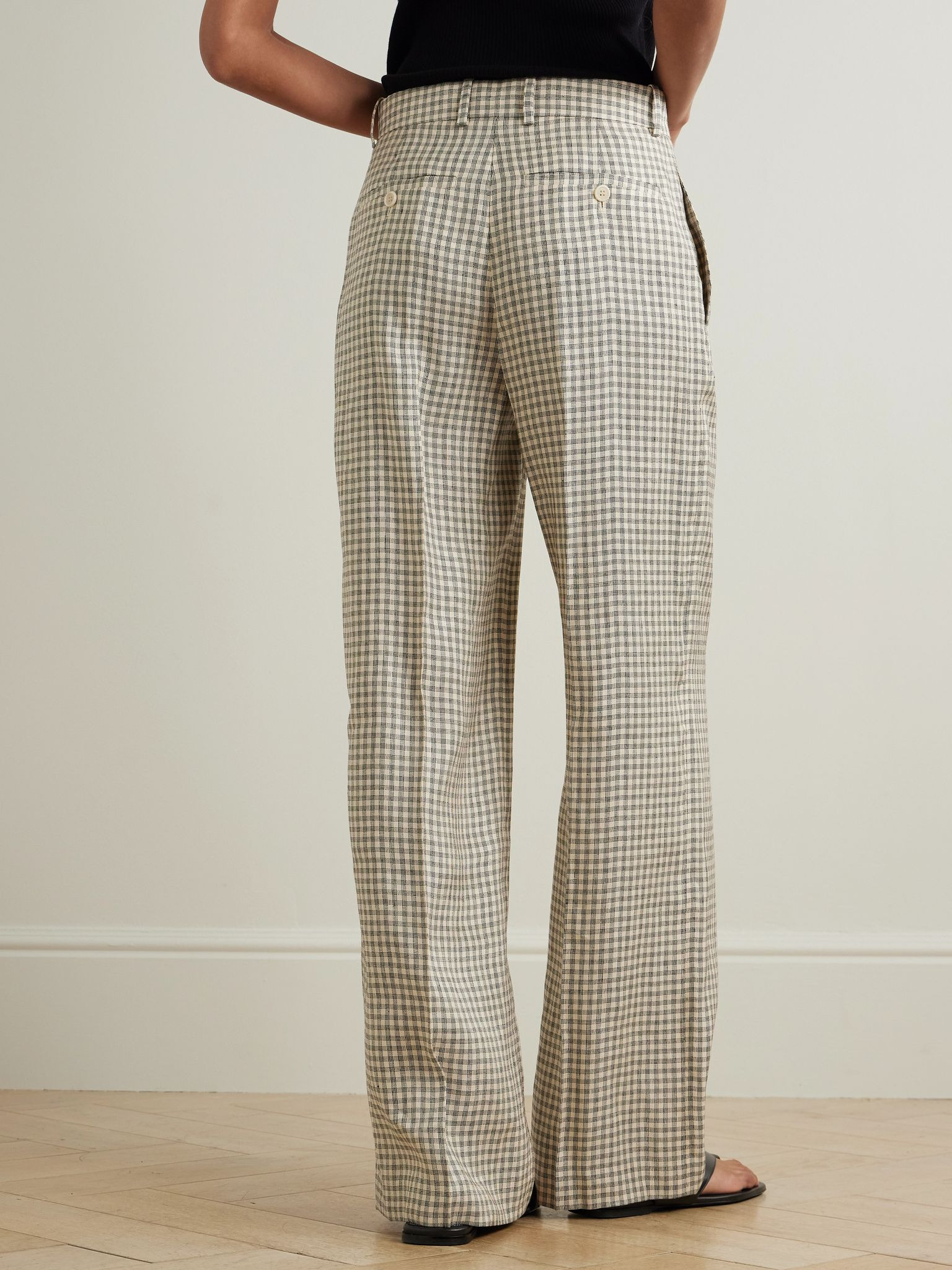 Checked linen-blend wide-leg pants Cream - 4