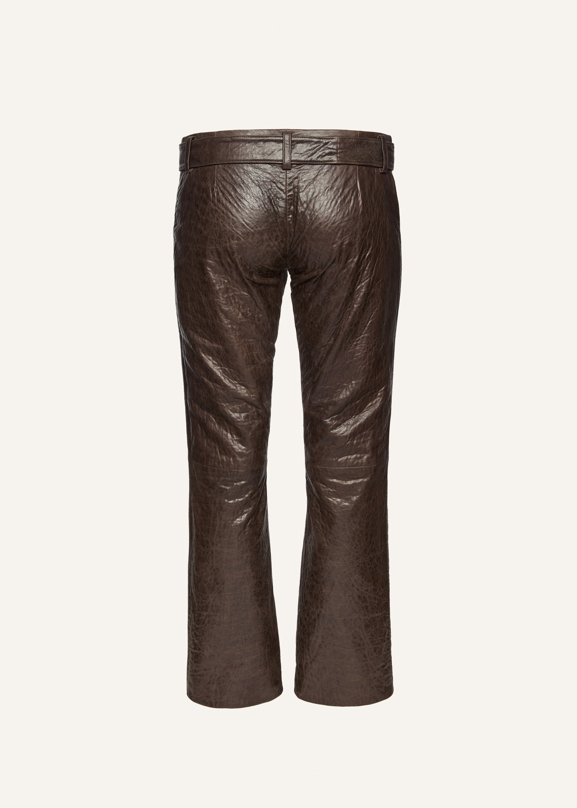 Crinkled leather belted pants in brown - 2
