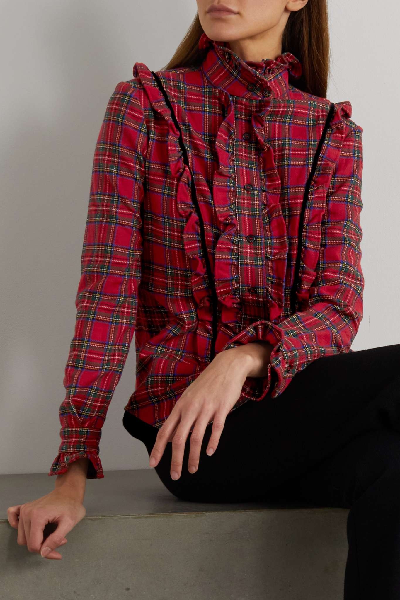 Velvet-trimmed ruffled tartan wool-blend shirt - 3