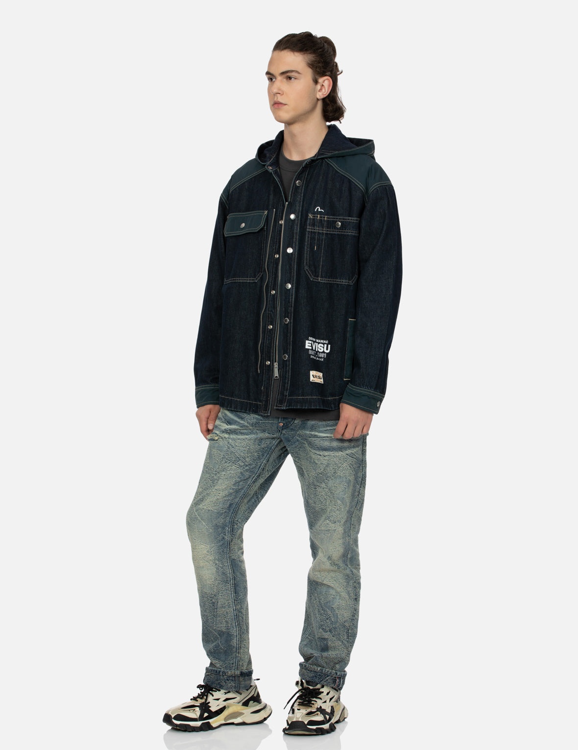 Logo Print Loose Fit Hooded Denim Shirt Jacket - 3