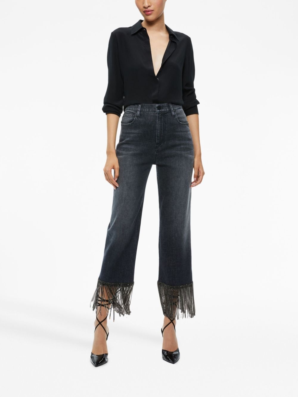 crystal-embellished fringed cropped jeans - 2