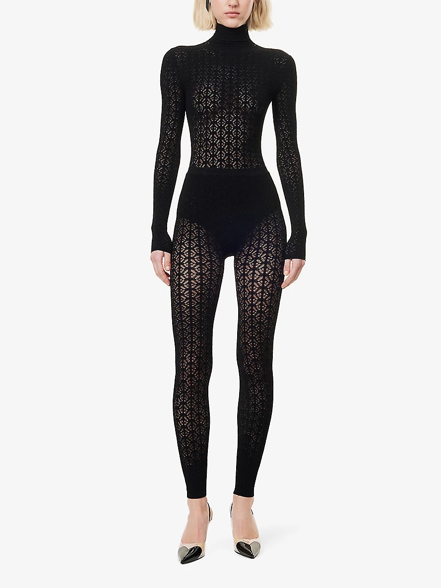 スパッツ・レギンス Alaia Geometric Lace Leggings Alaïa Lace-Embroidery Textured Straight-Leg Mid-Rise Knitted