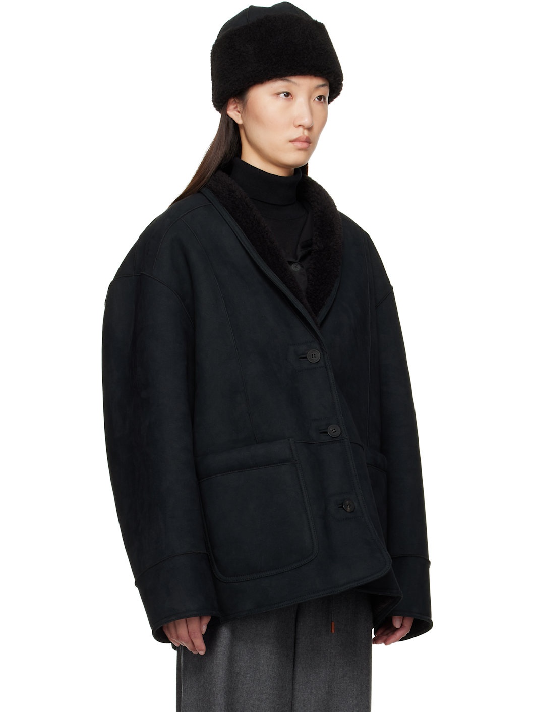 Black Shawl Collar Faux-Shearling Jacket - 2