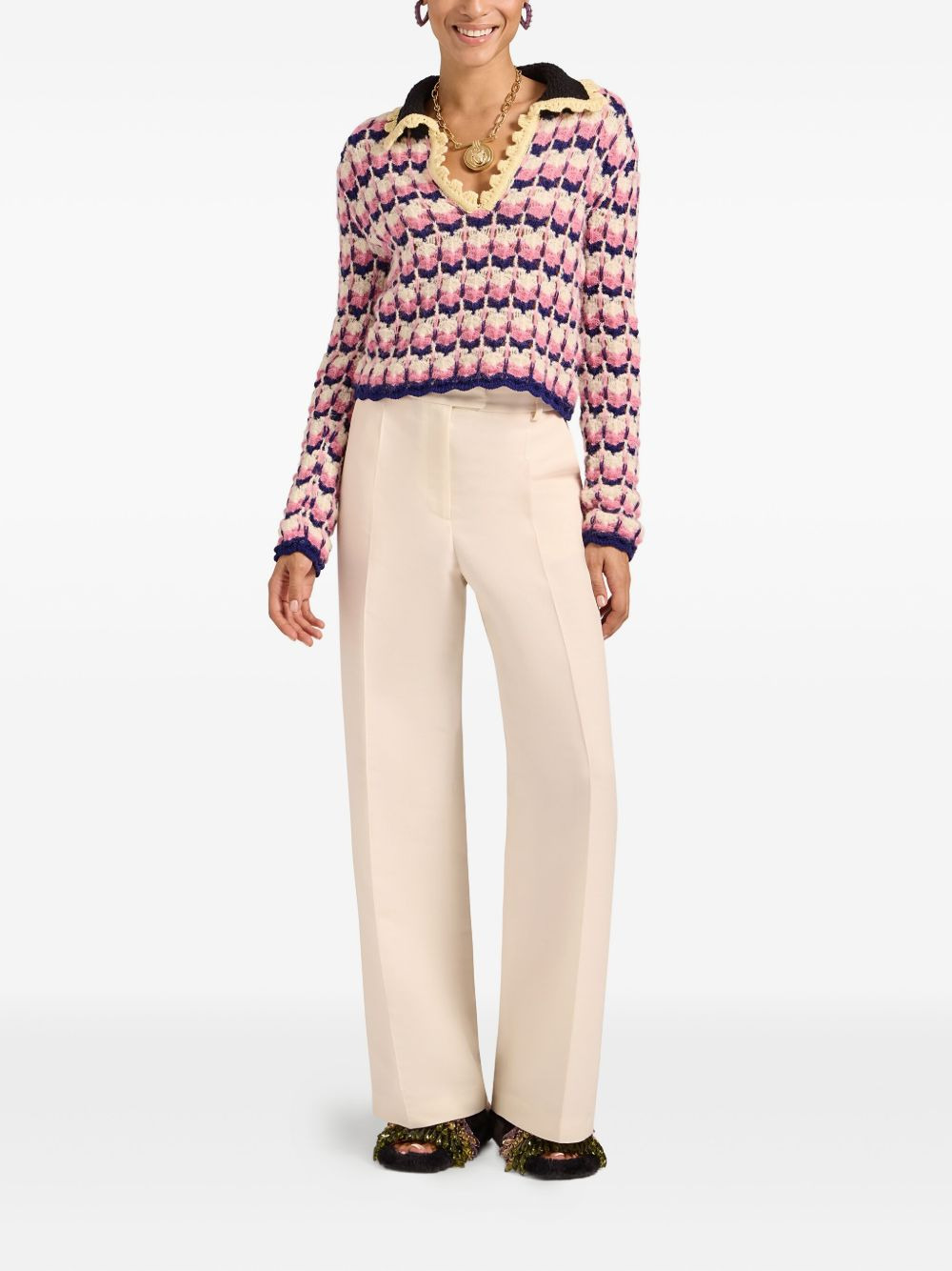 crochet-trimmed geometric-pattern sweater - 2
