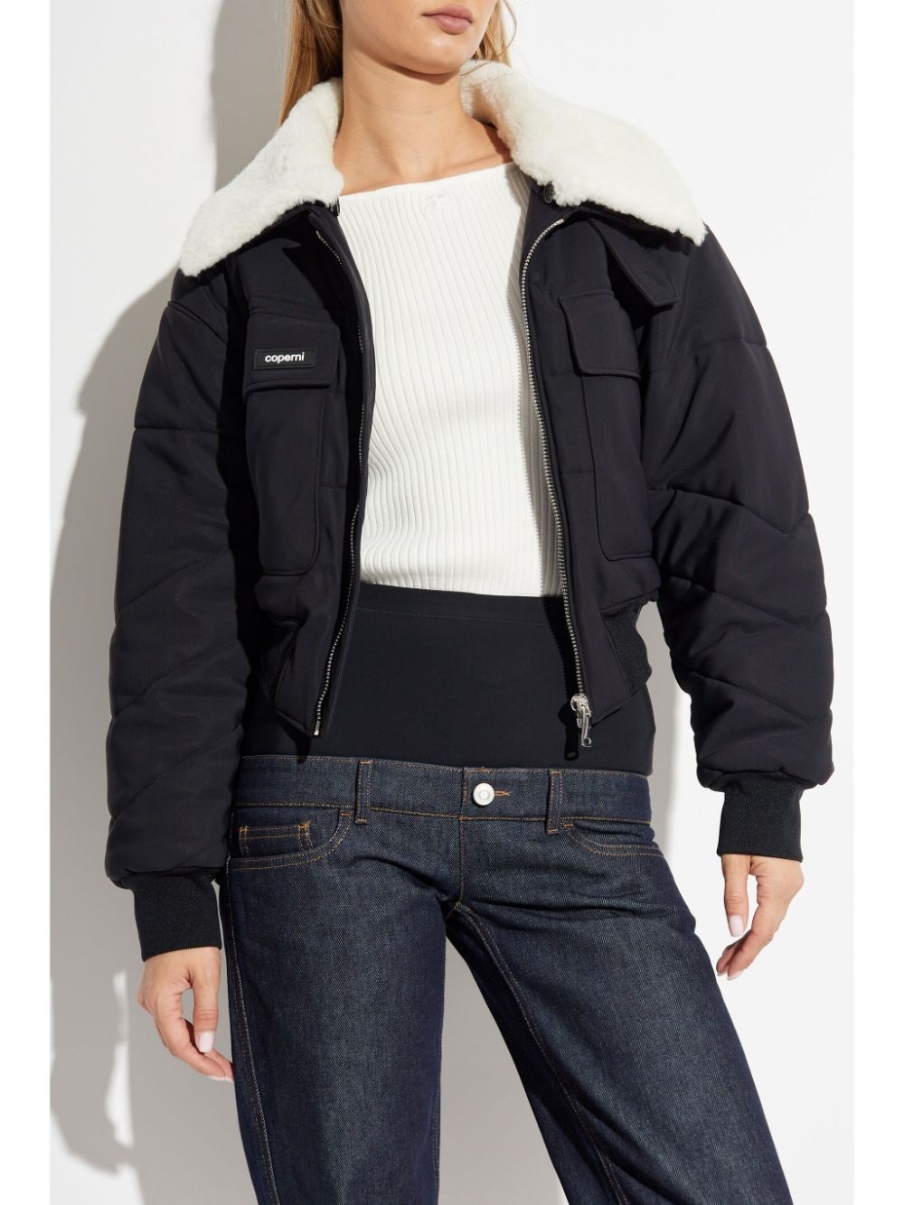 logo-patch faux-shearling puffer jacket - 3