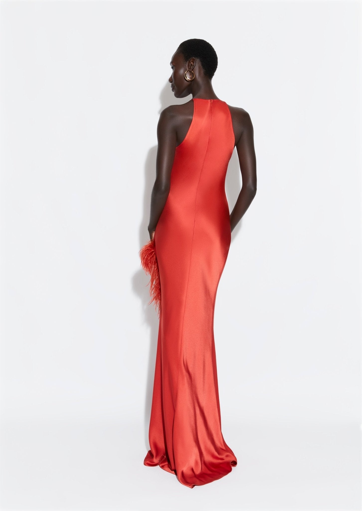 Satin Halter Gown With Feathers - 3