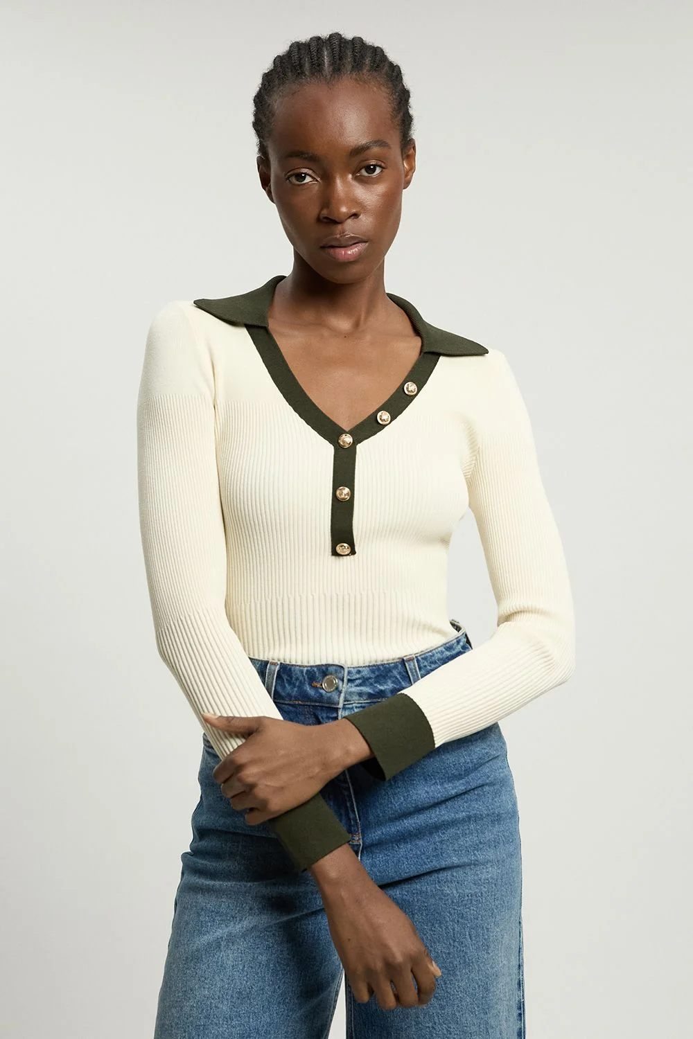 Knit Rib With Contrast Hem Detail Collared Top - 1