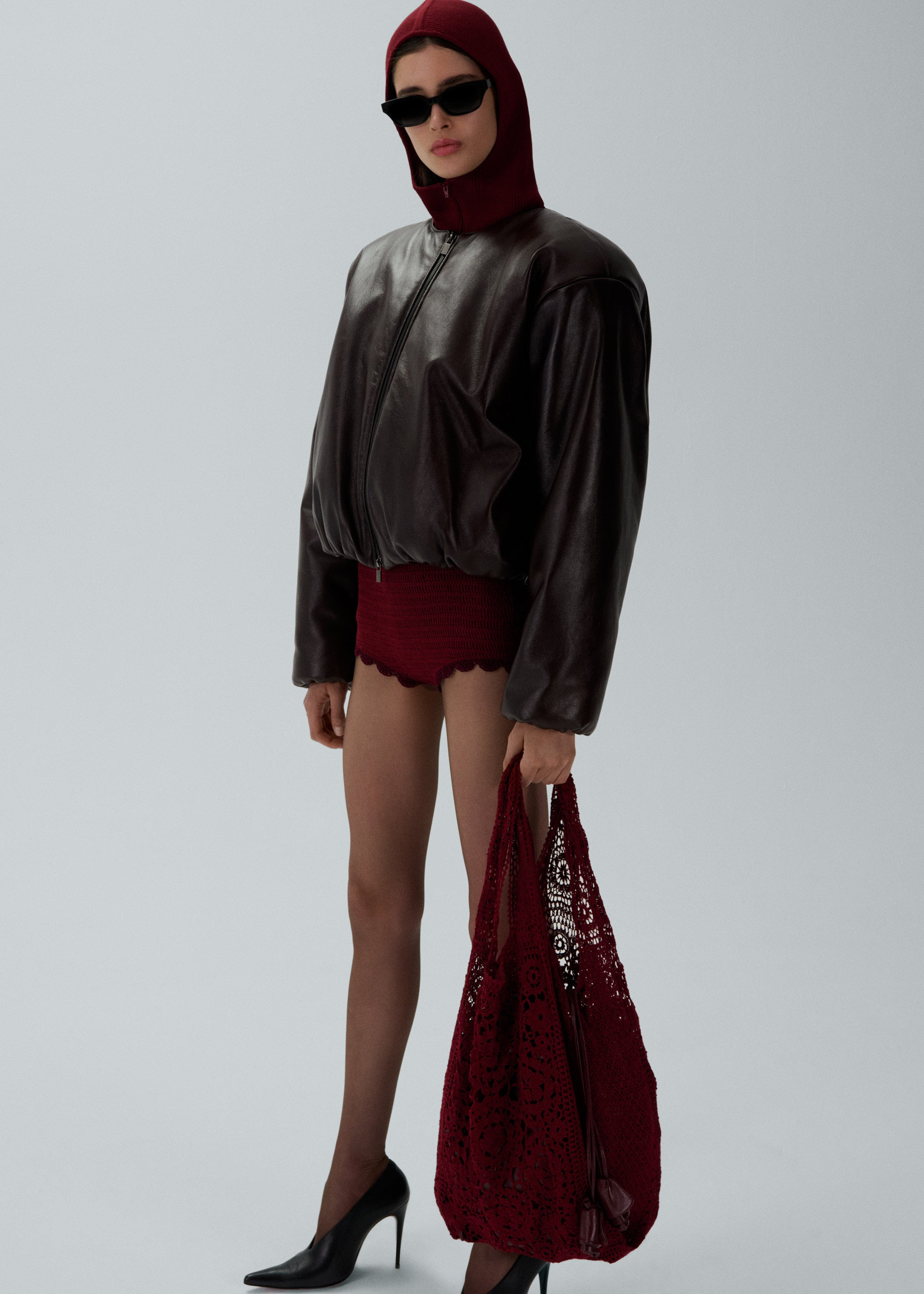 Knit zip up bodysuit in bordeaux - 3