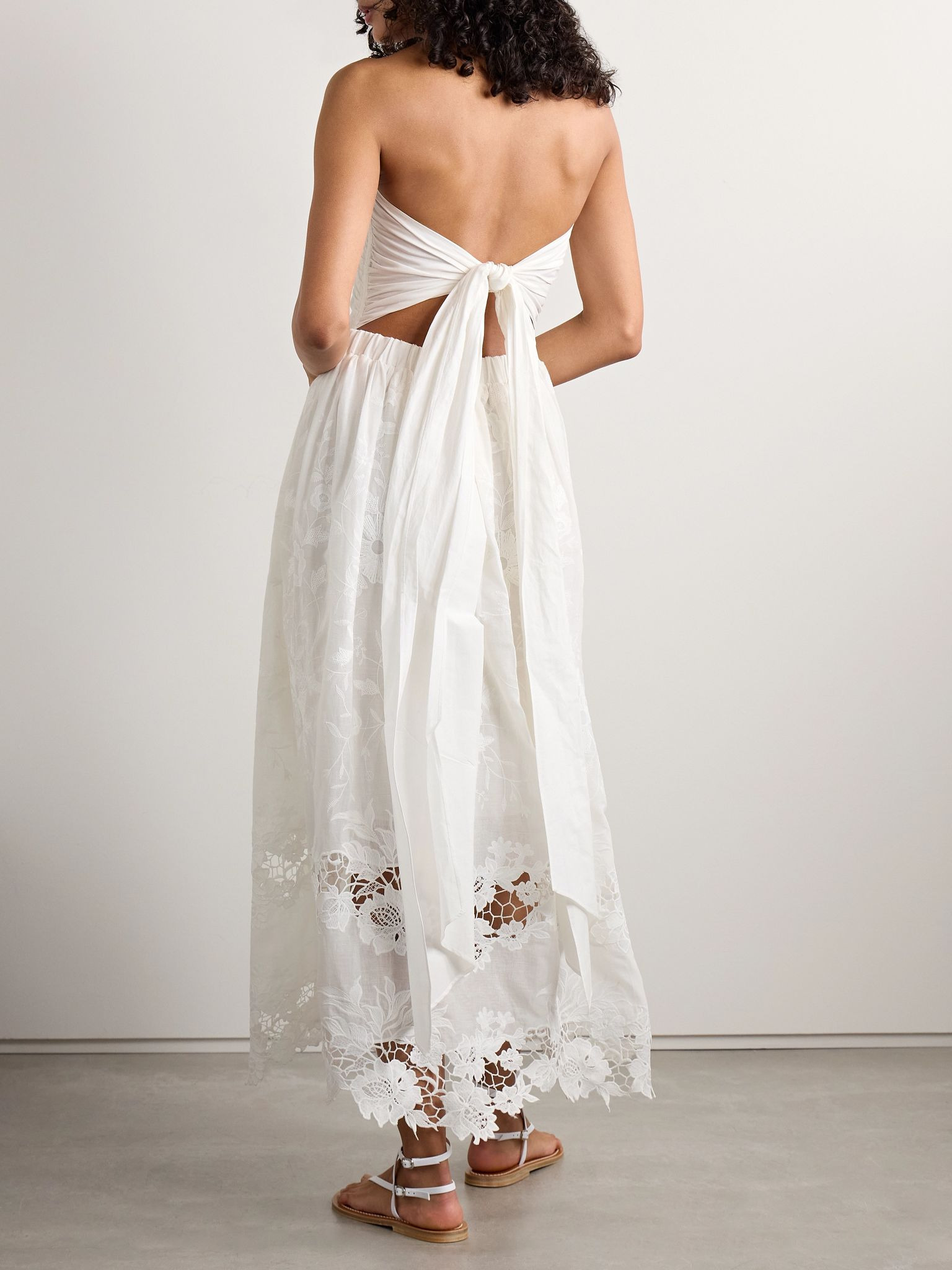 Desideria strapless guipure lace-trimmed embroidered cotton-voile midi dress White - 3