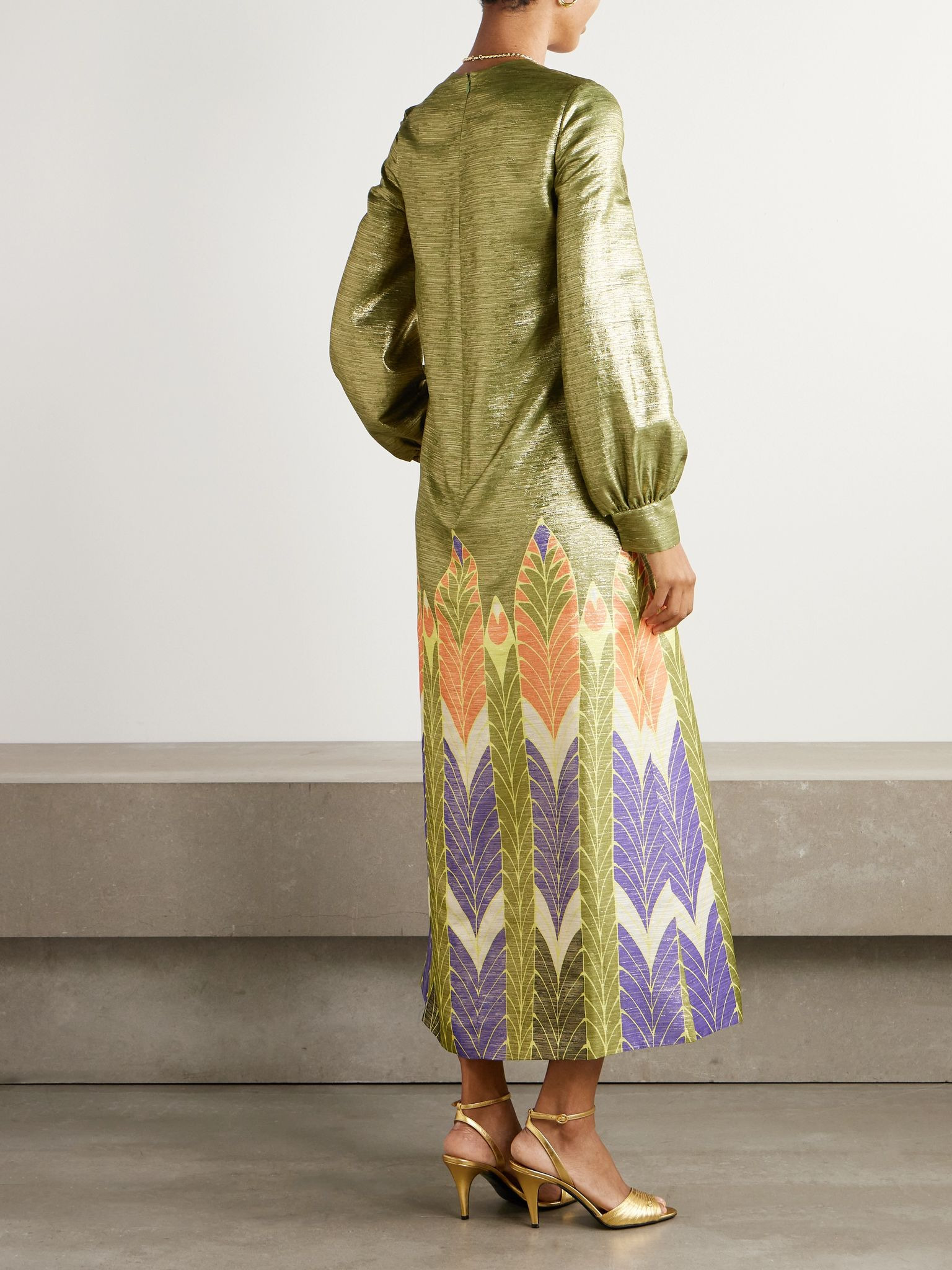 Printed metallic silk-blend midi dress Green - 3