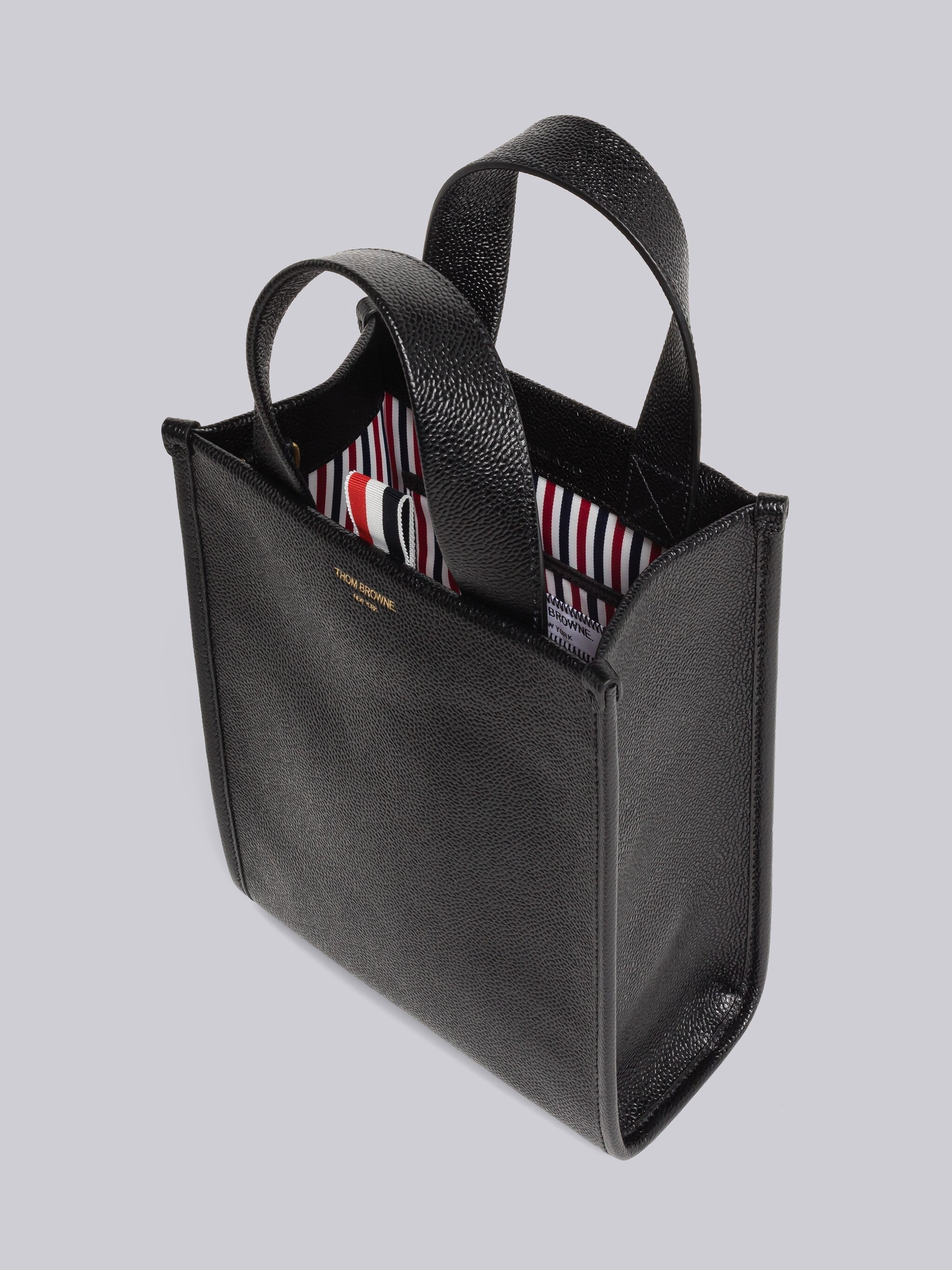 Thom Browne logo print grained leather tote bag - Black