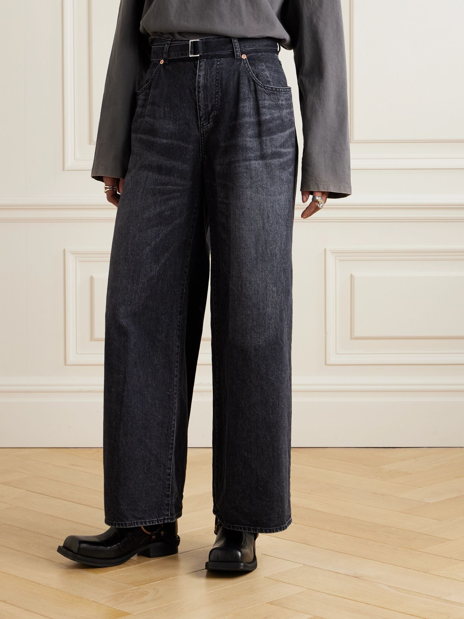 Belted high-rise wide-leg jeans Black - 3