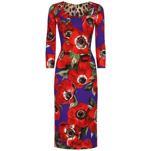 Poppy-print round-neck midi dress - 1