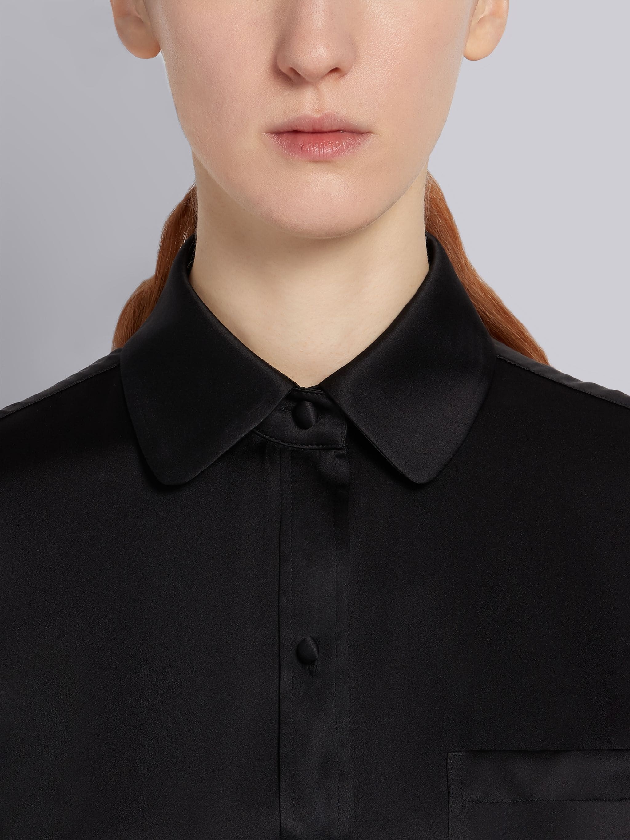 Black Double Face Satin Silk Round Collar Classic Long Sleeve Shirtdress - 4