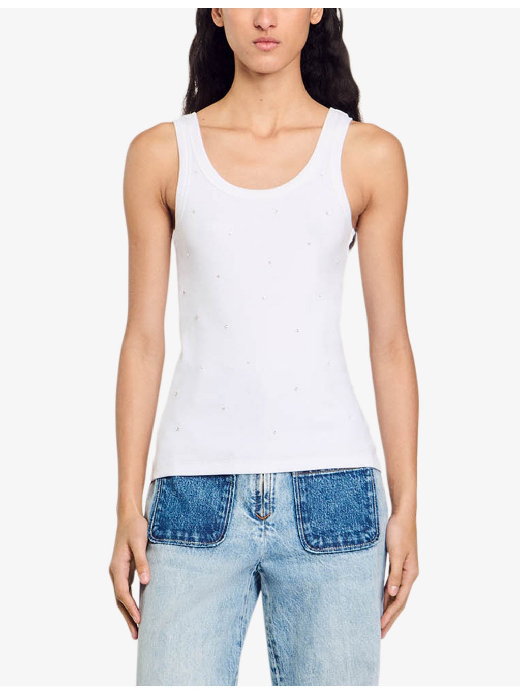 Rhinestone-embellished round-neck stretch-cotton tank top - 3