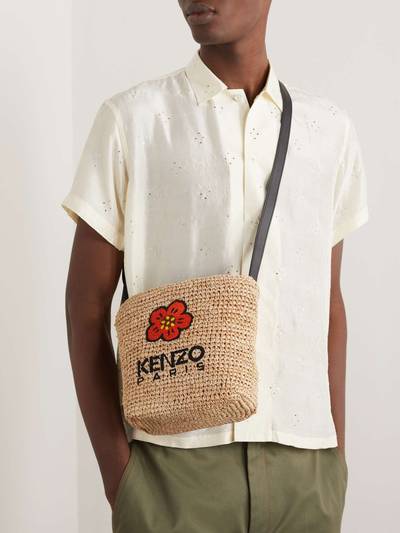 KENZO Large Embroidered Leather-Trimmed Raffia Messenger Bag outlook