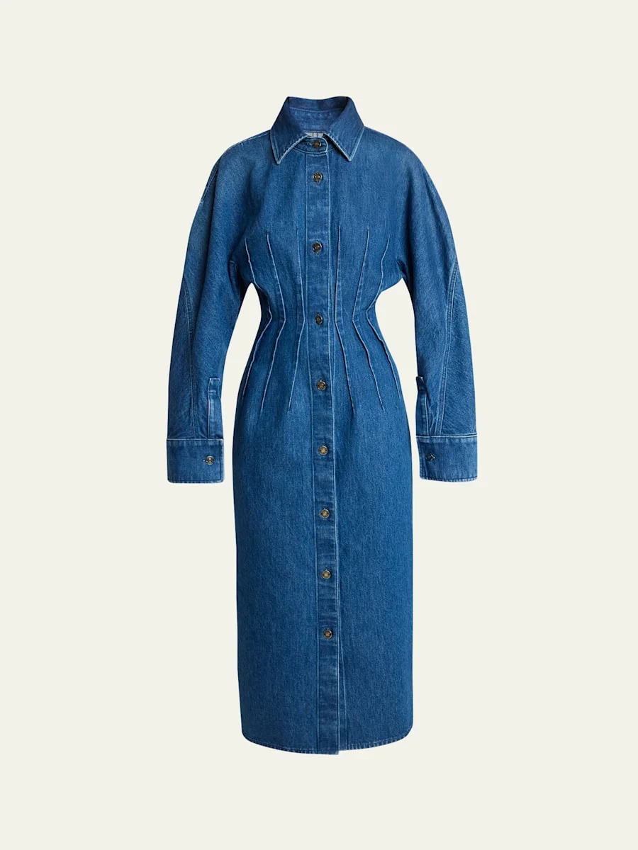 Cocoon-Sleeve Waisted Denim Midi Shirtdress - 1