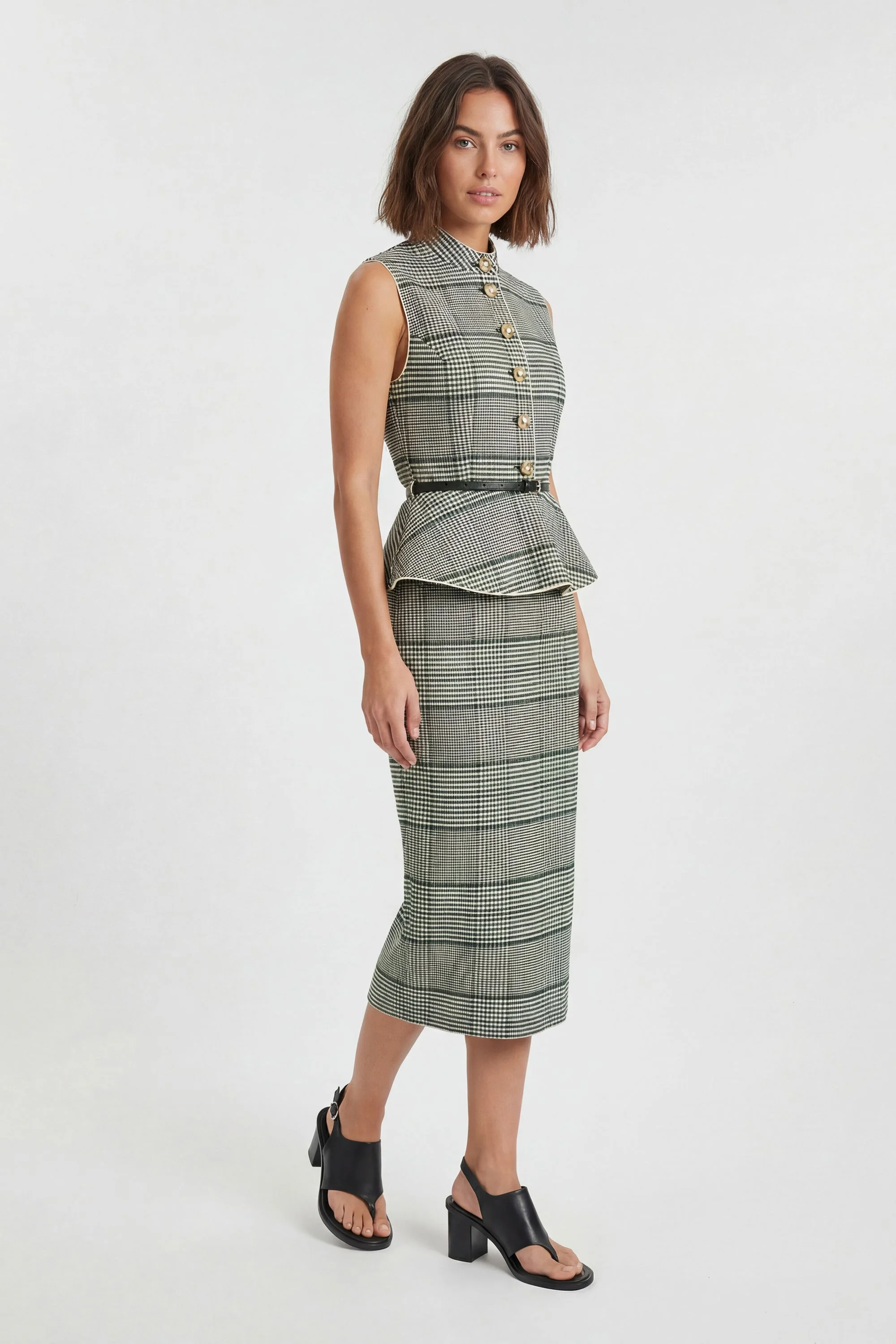 Petite Tailored Check Peplum Belted Midi Dress - 1