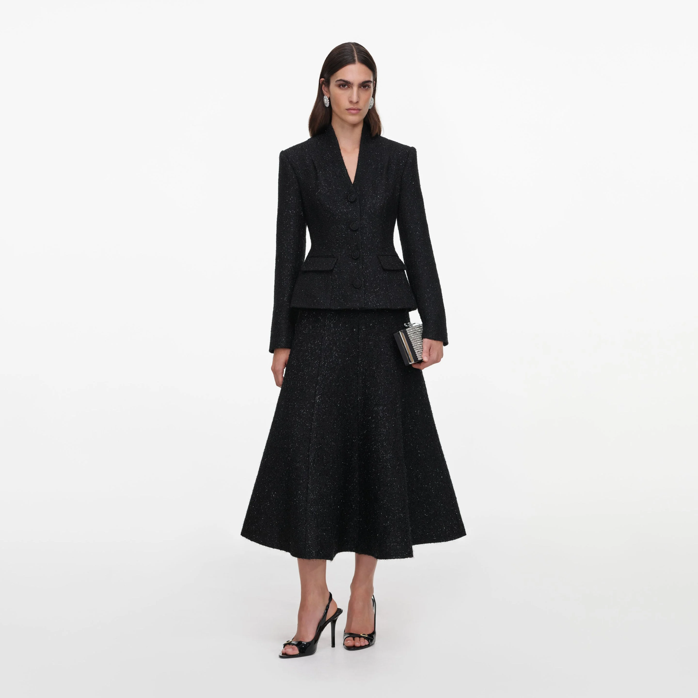 Black Metallic Boucle Midi Dress - 1