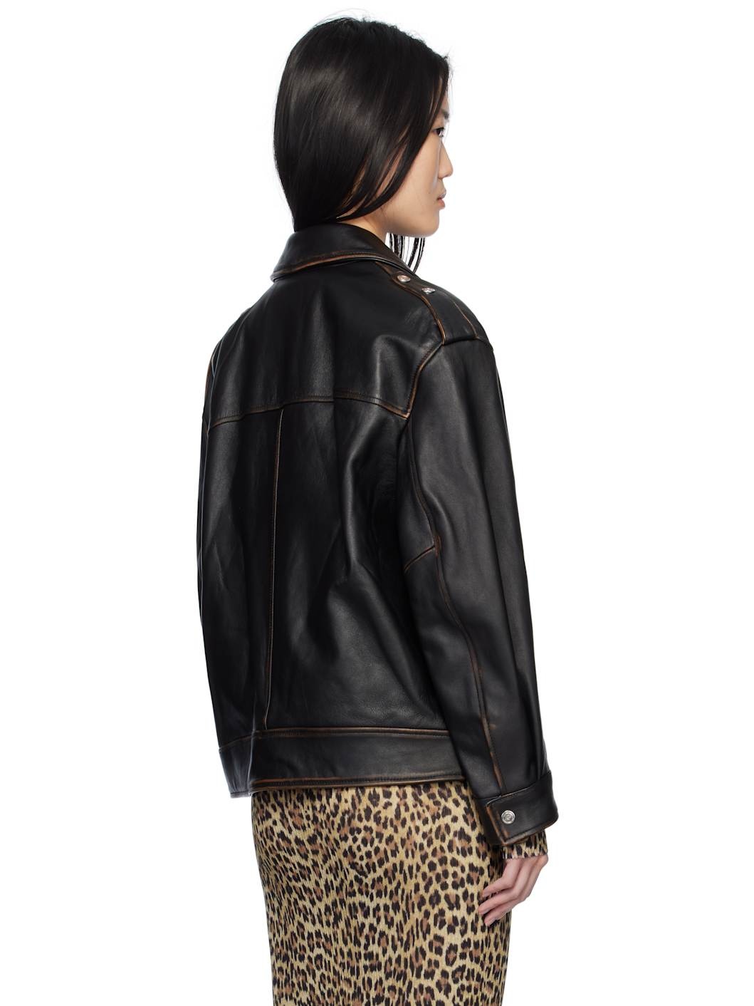 Black Faded Leather Biker Jacket - 3