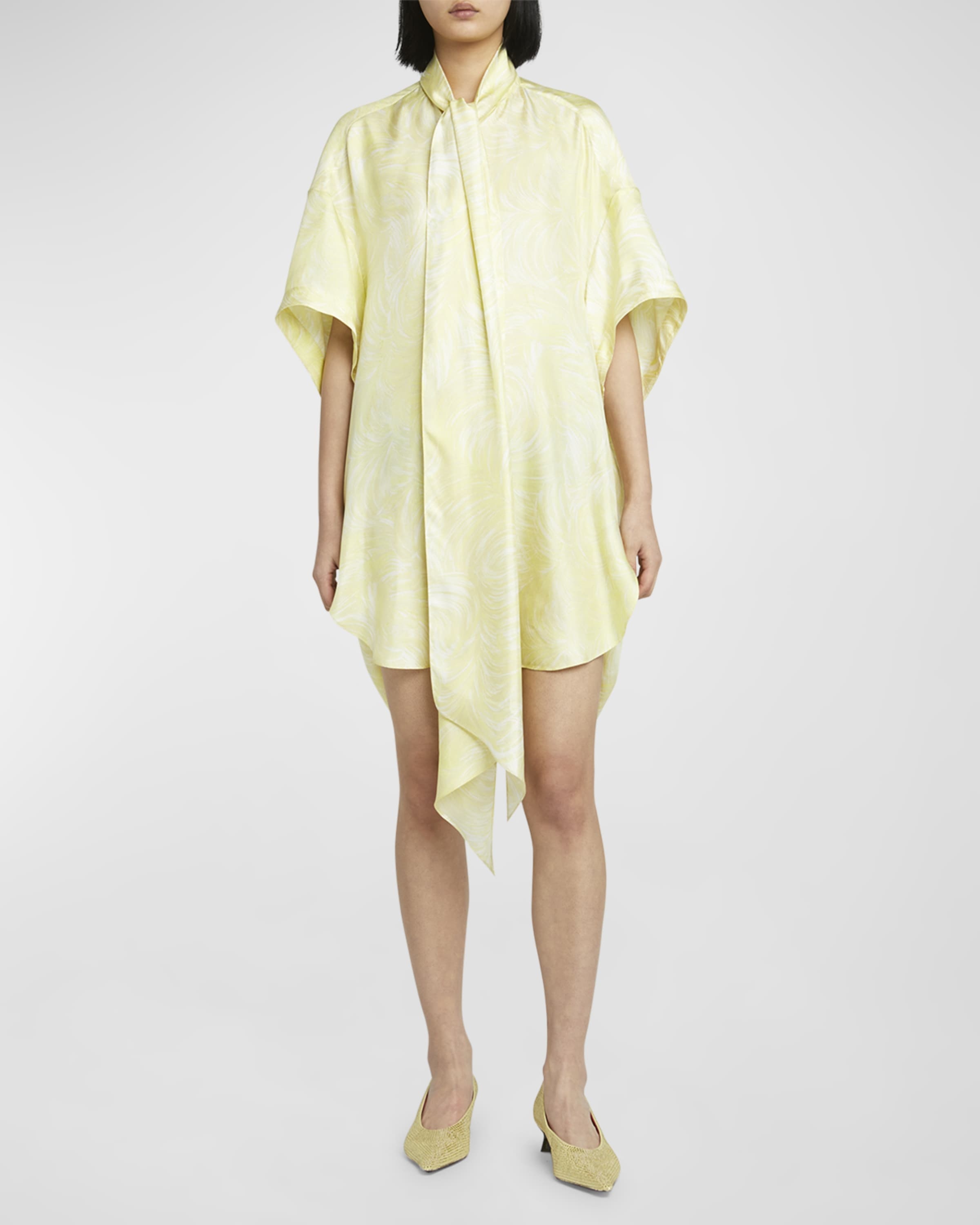 Feather Print Scarf-Neck Short Silk Tunic Dress - 2