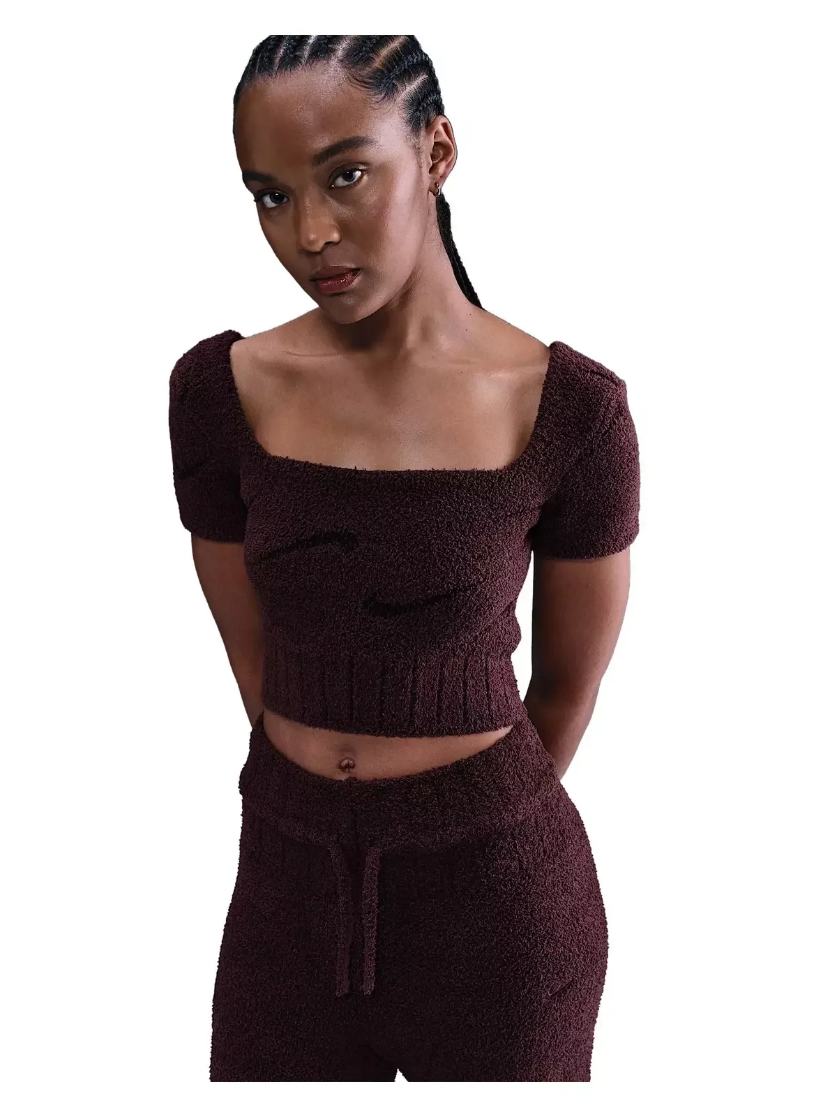 Women's Sportswear Phoenix Cozy Boucle Short-Sleeve Cropped Knit Top -Burgundy - 1