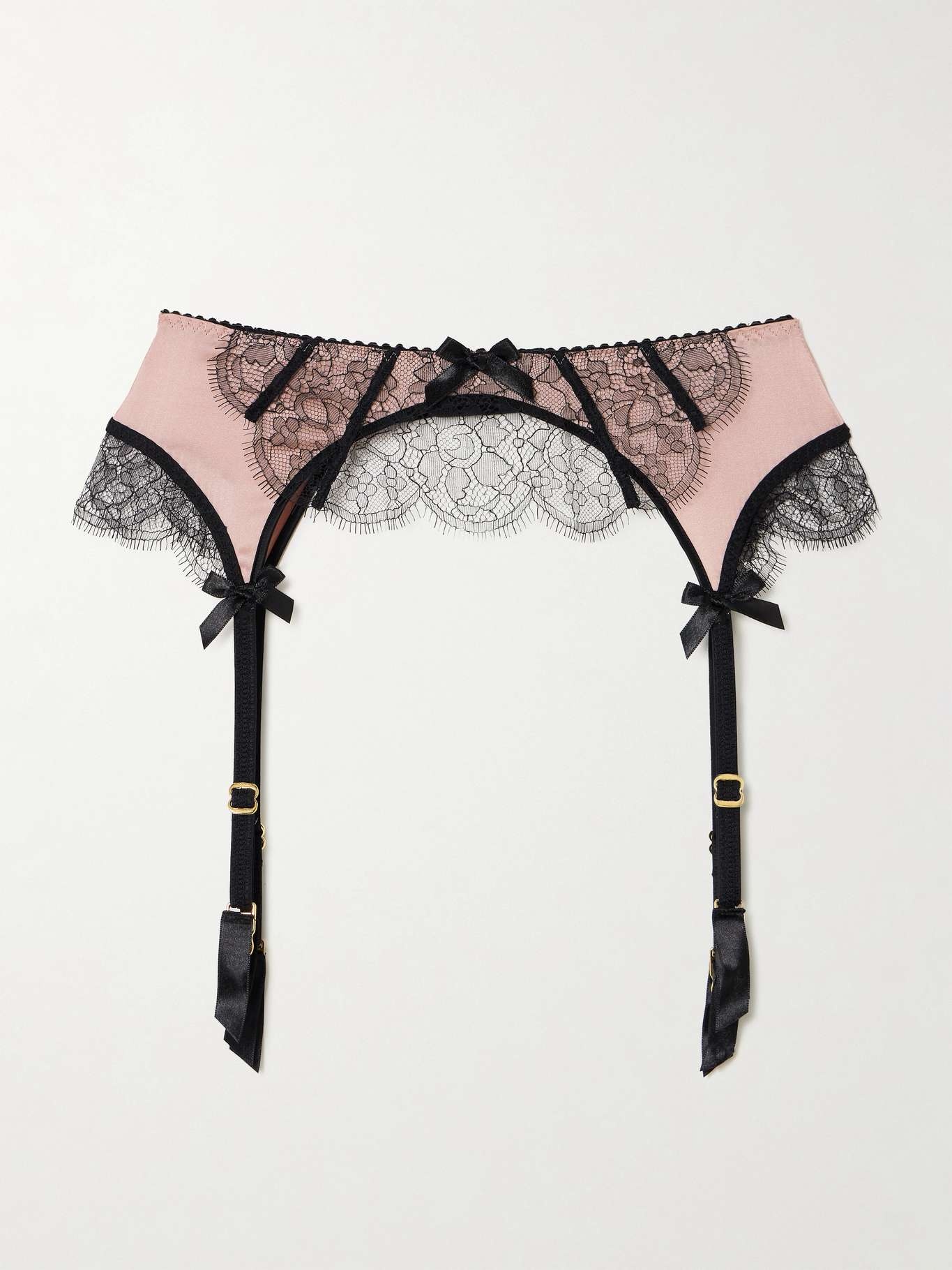 Sammi bow-embellished Leavers lace-trimmed stretch silk-satin suspenders Pink - 1