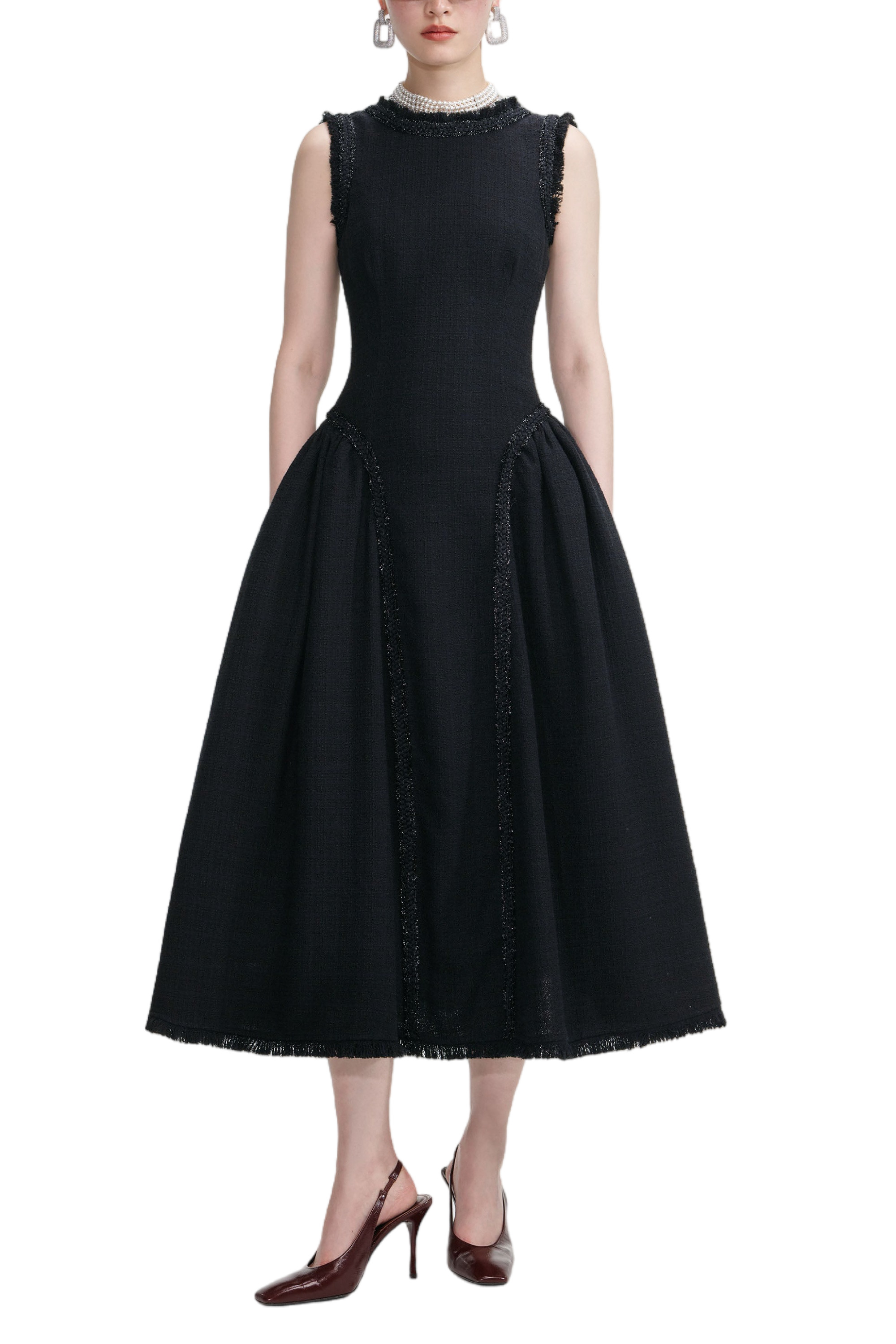 BLACK BOUCLE SLEEVELESS MIDI DRESS - 1