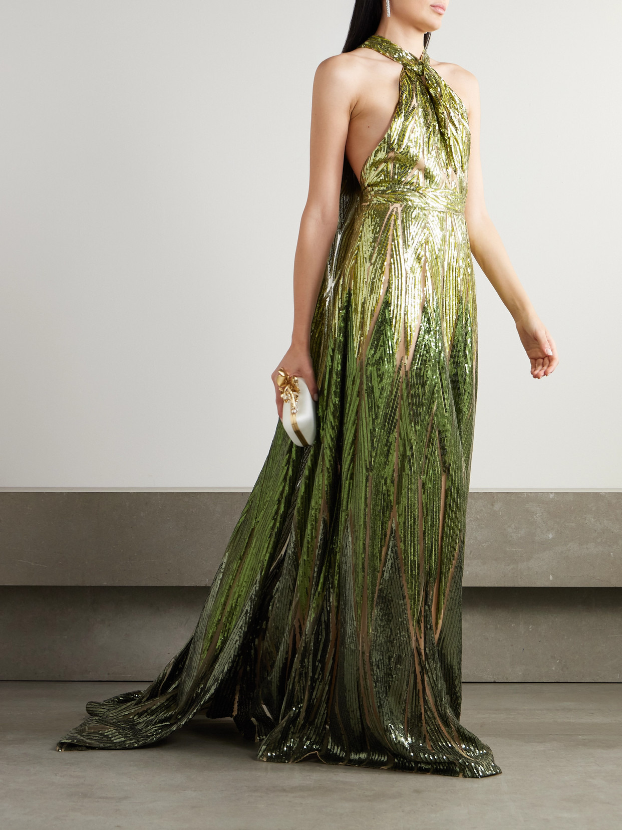 Cape-effect Embroidered Sequined Tulle Halterneck Gown - 2