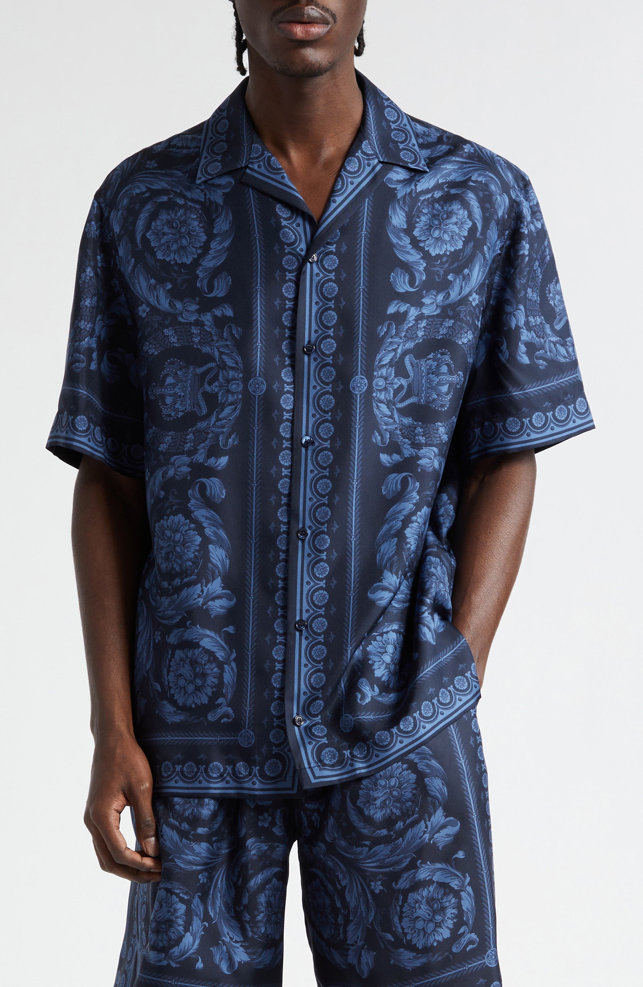 Barocco Print Silk Button-Up Shirt - 1